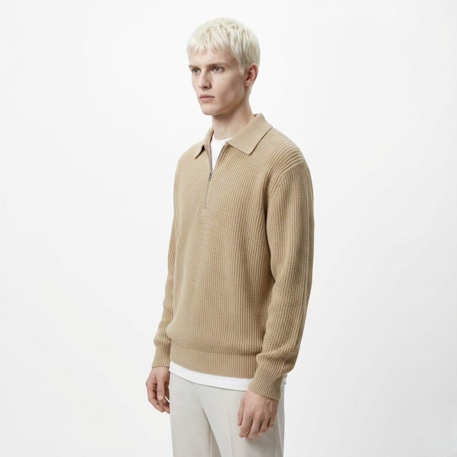 Adrian – Men's Wool Zipped Pullover - Sweater - Khaki - Jones & Smith