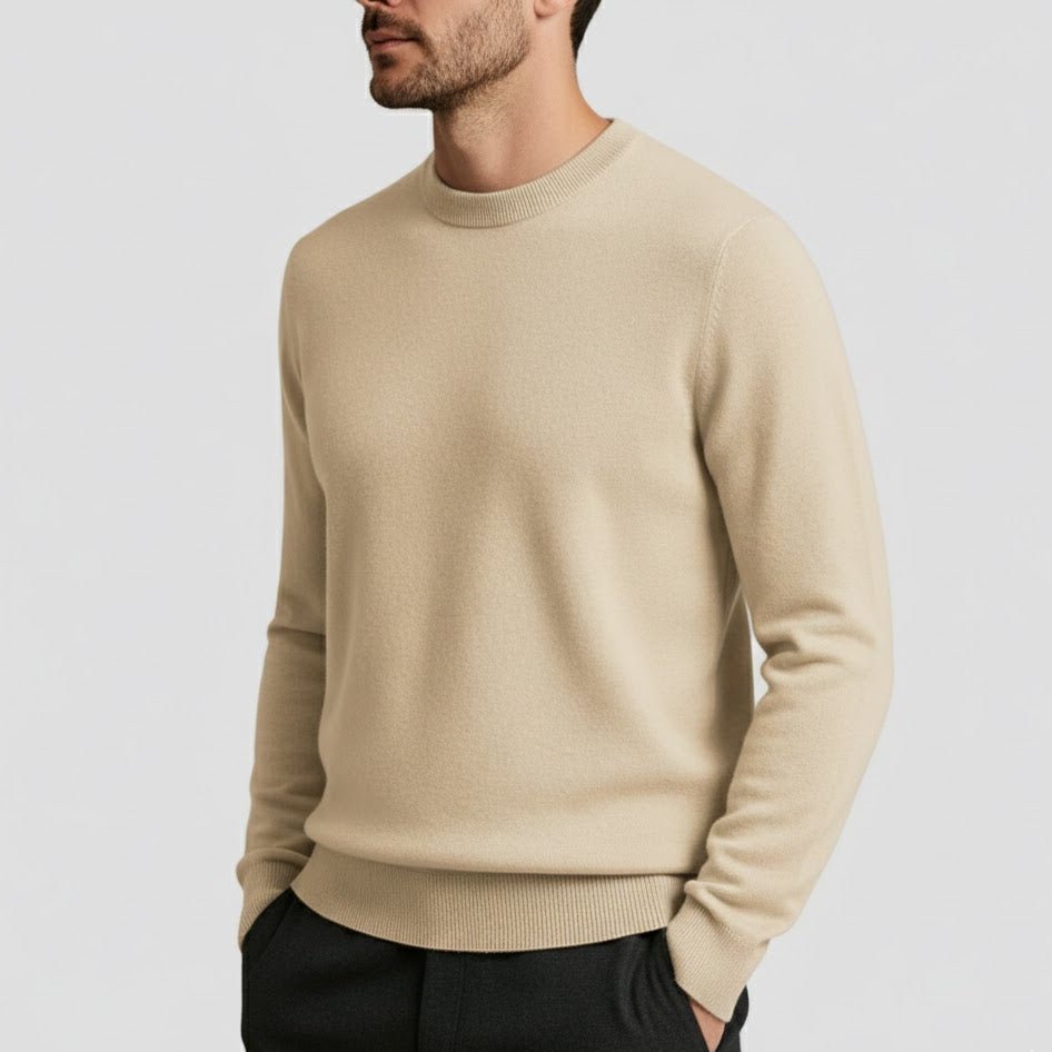 Alaric – Men's Wool Jumper with Round Neck - Sweater - Khaki - Jones & Smith
