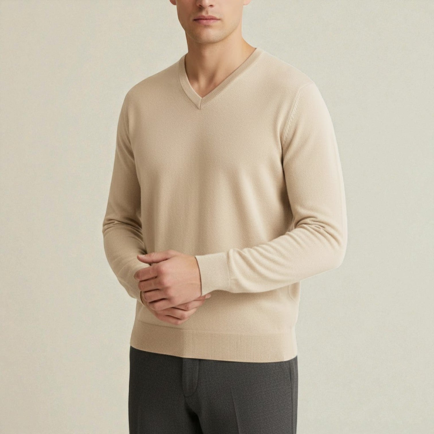 Bastien – Men's Wool V - Neck Sweater - Sweater - Beige - Jones & Smith
