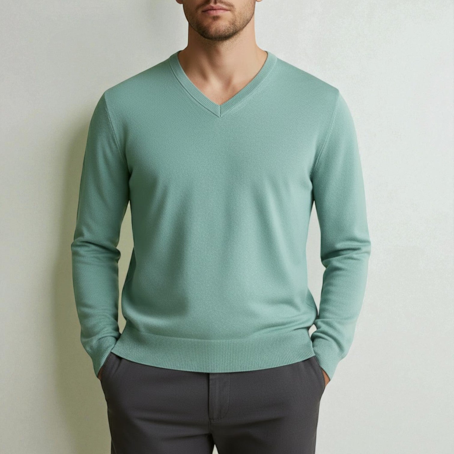 Bastien – Men's Wool V - Neck Sweater - Sweater - Teal - Jones & Smith