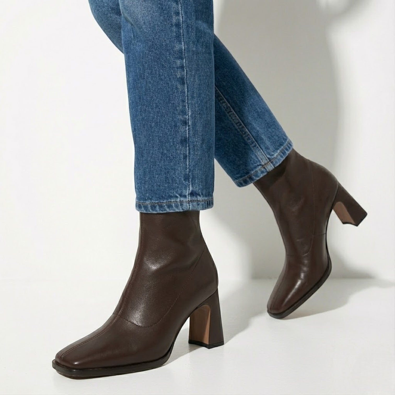 Camellia – Ladies' Leather Ankle Boots with Square Toe & Heel - Leather Boots - Brown - Jones & Smith