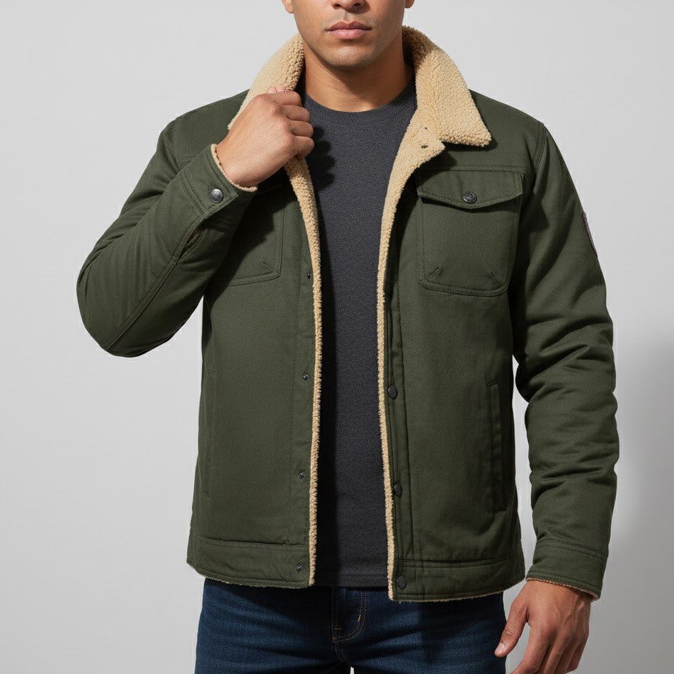 Devon – Men's jacket with fleece lining and collar - Winter Jacket - Olive Green - Jones & Smith