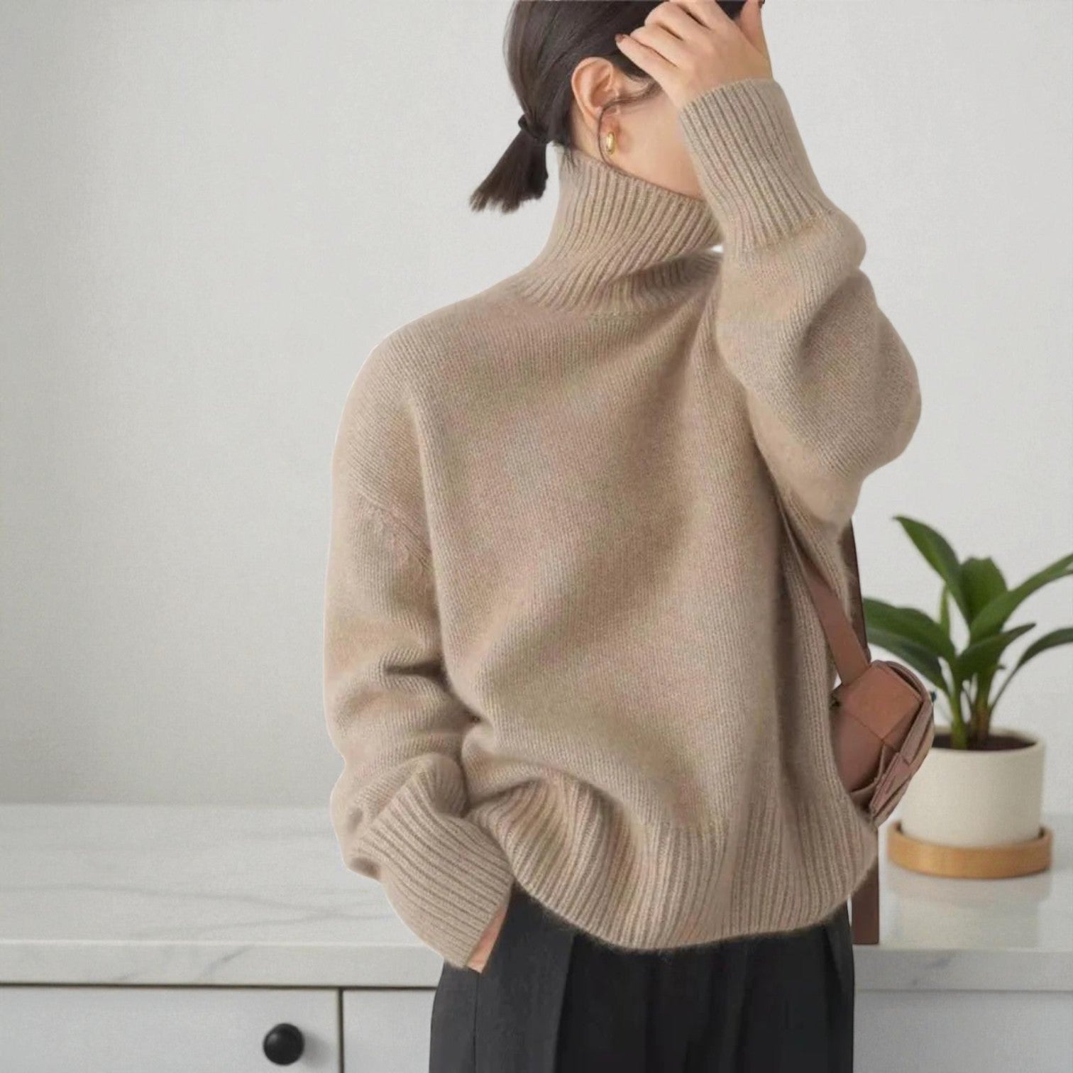 Doris - Soft Roll Neck Jumper - Turtleneck Sweater - Khaki - Jones & Smith