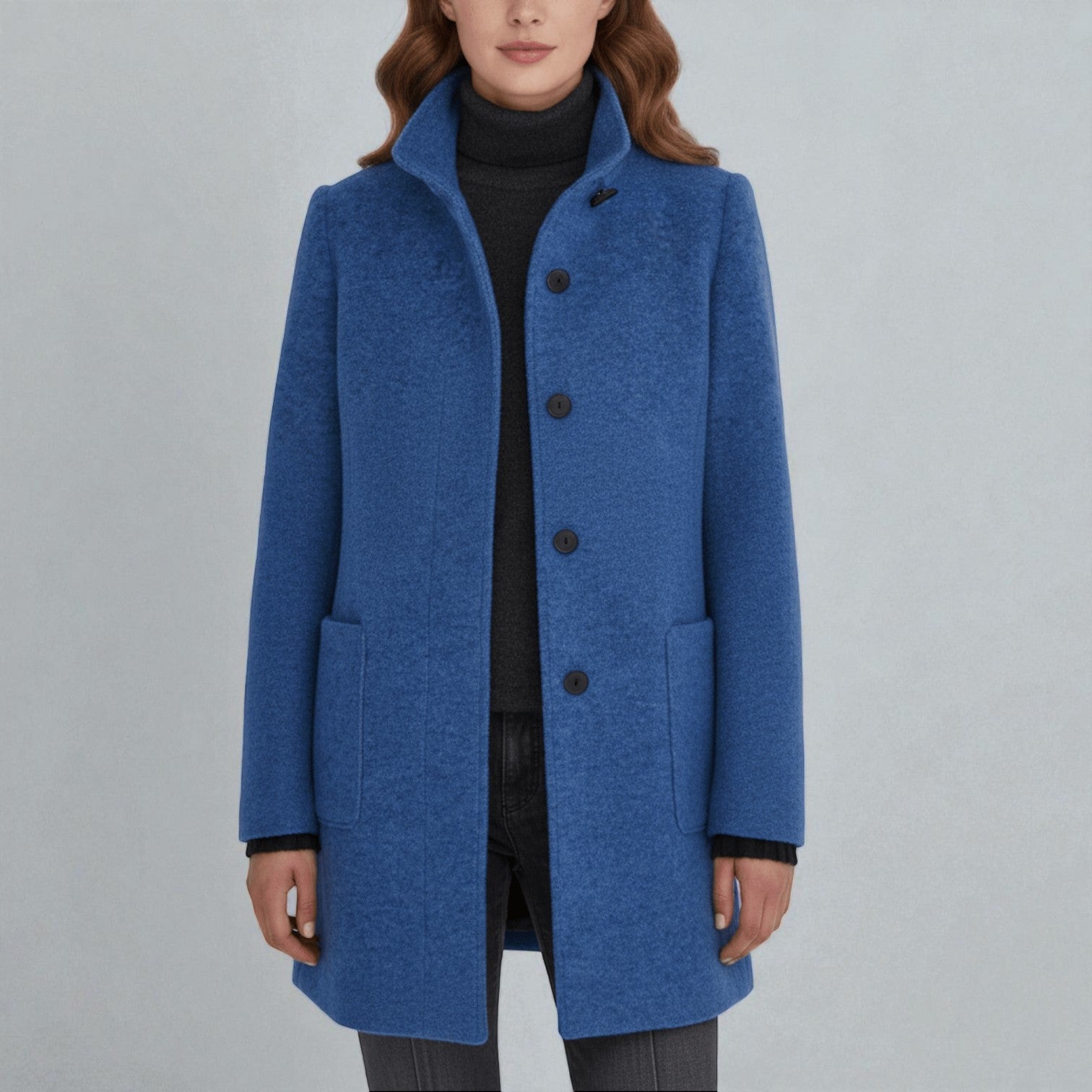 Elara – Women's Wool Coat with Stand - Up Collar and Pockets - Coats - Blue - Jones & Smith