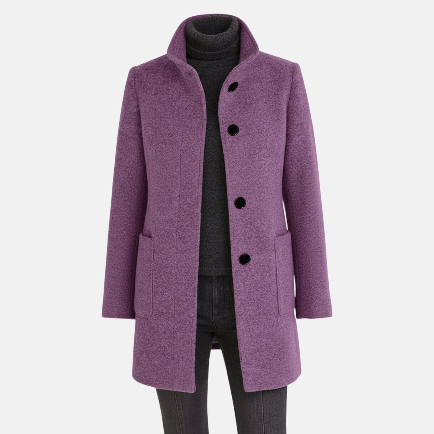 Elara – Women's Wool Coat with Stand - Up Collar and Pockets - Coats - Purple - Jones & Smith