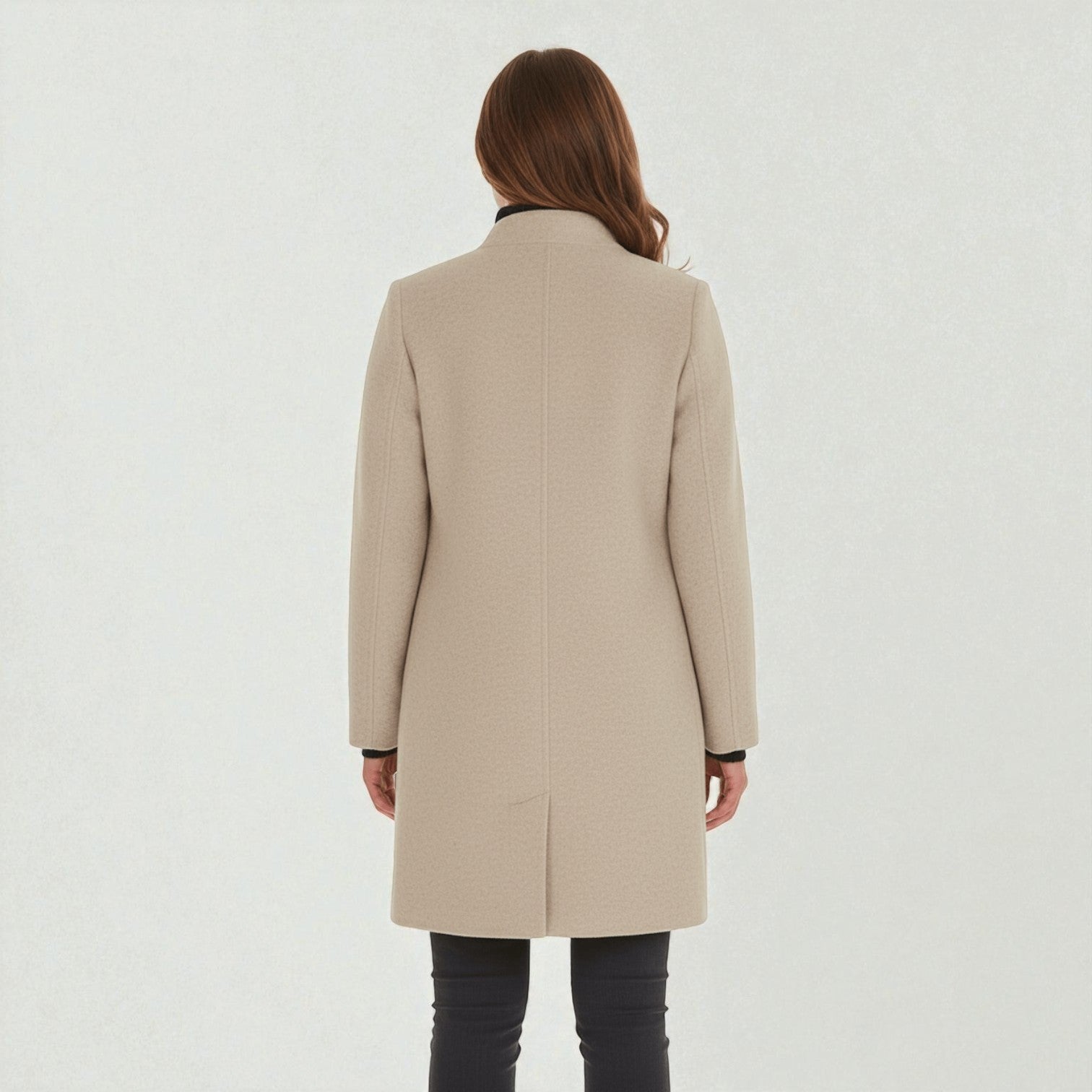 Elara – Women's Wool Coat with Stand - Up Collar and Pockets - Coats - Khaki - Jones & Smith