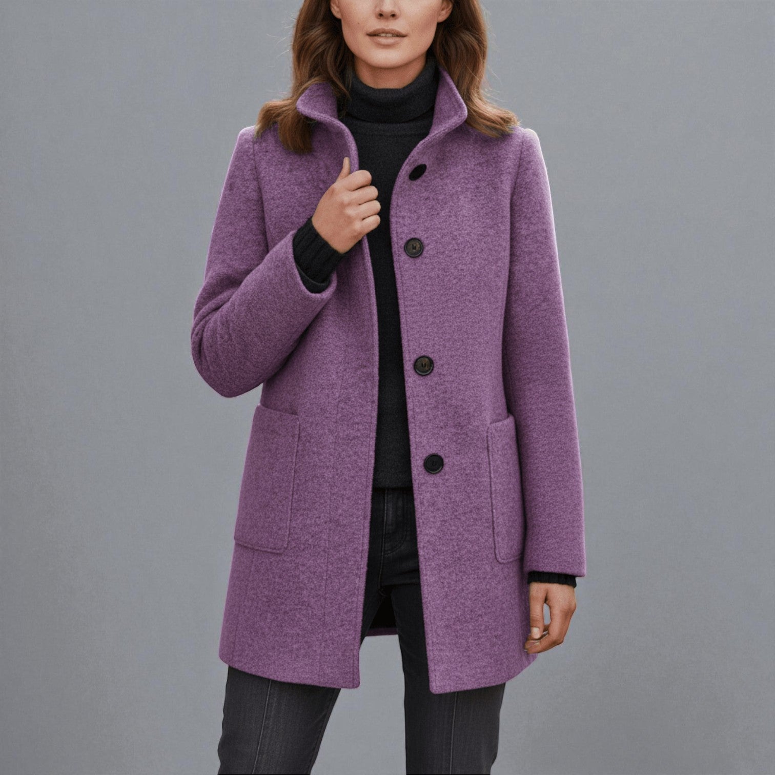 Elara – Women's Wool Coat with Stand - Up Collar and Pockets - Coats - Purple - Jones & Smith