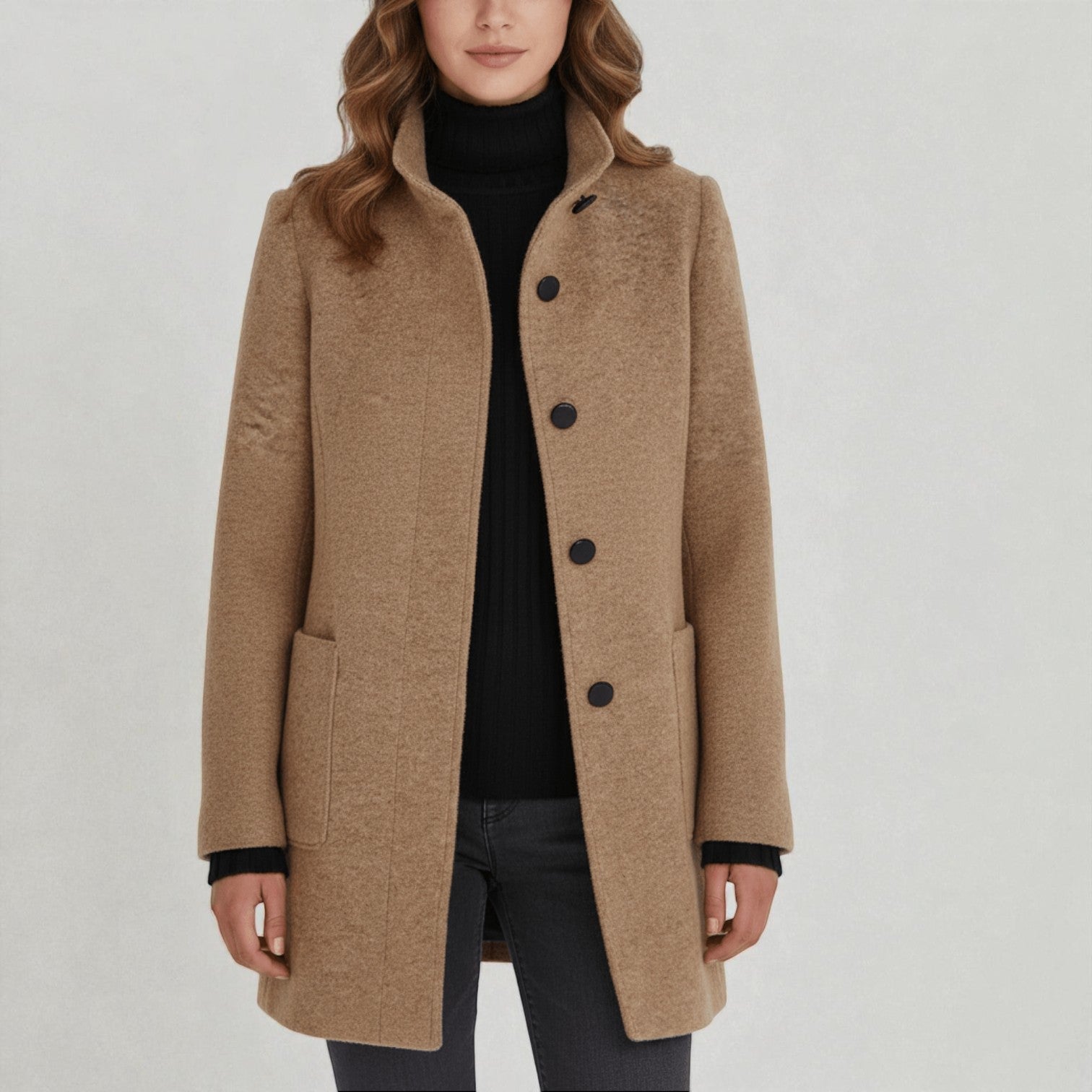 Elara – Women's Wool Coat with Stand - Up Collar and Pockets - Coats - Khaki - Jones & Smith