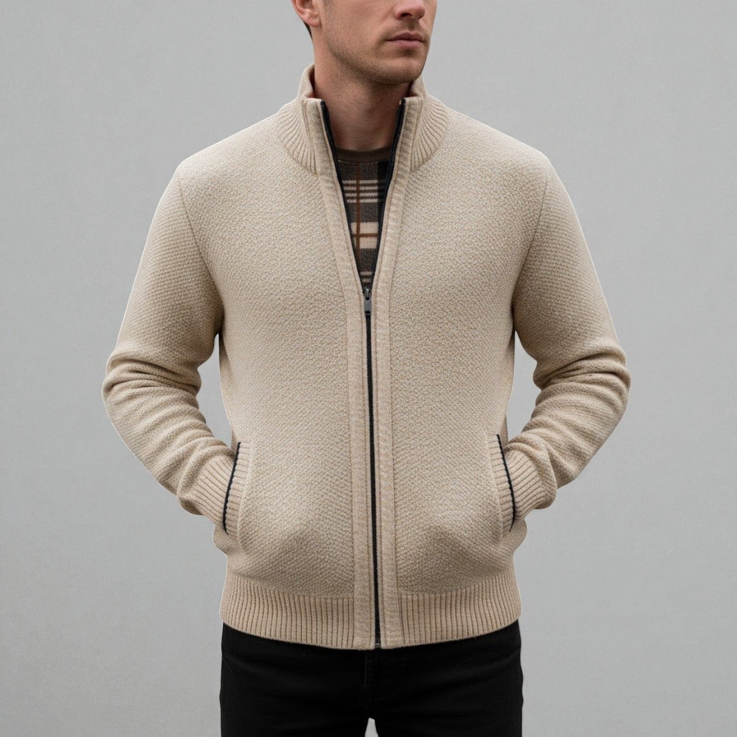 Elias – Men’s Zip - Up Cardigan with Stand - Up Collar - Sweater - Beige - Jones & Smith