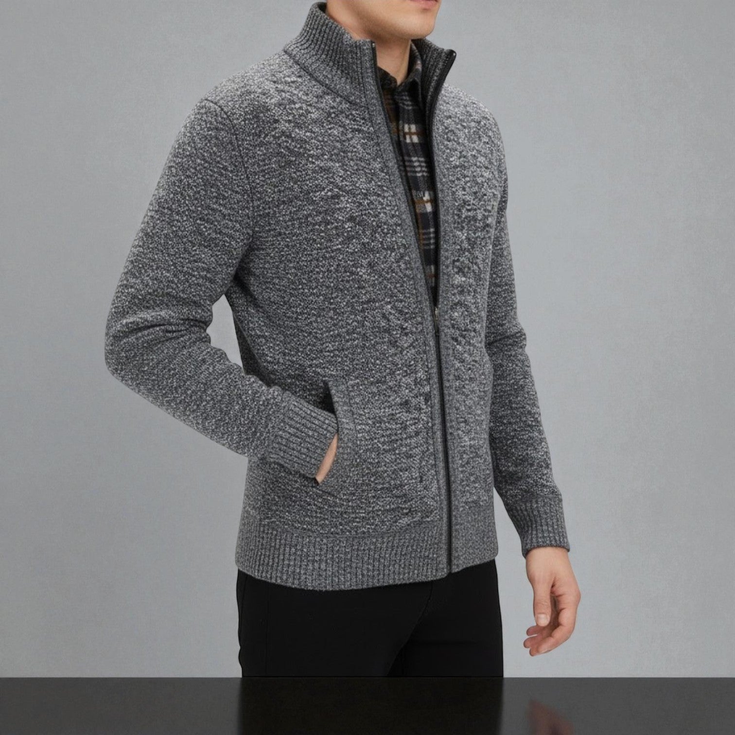 Elias – Men’s Zip - Up Cardigan with Stand - Up Collar - Sweater - Grey - Jones & Smith