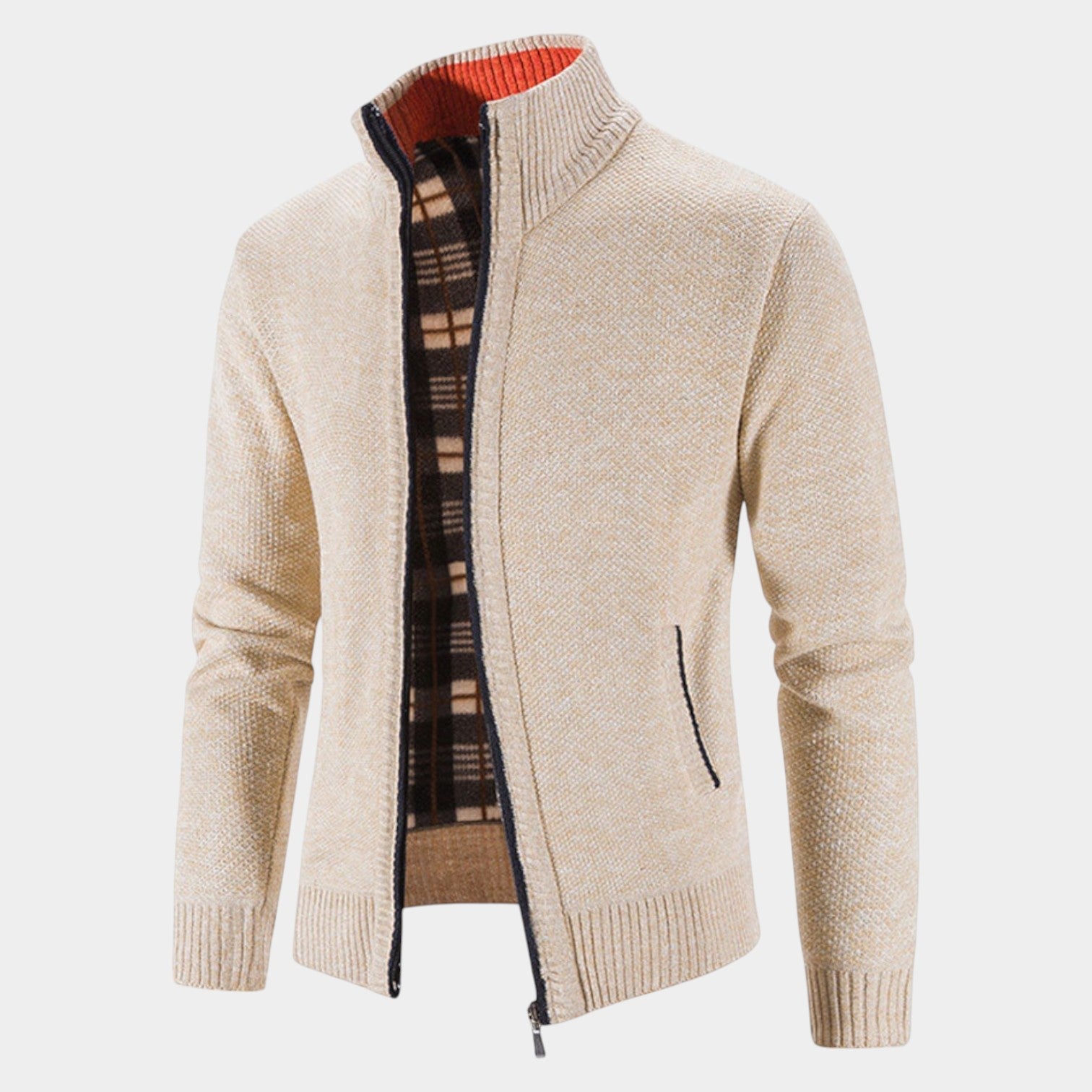 Elias – Men’s Zip - Up Cardigan with Stand - Up Collar - Sweater - Beige - Jones & Smith