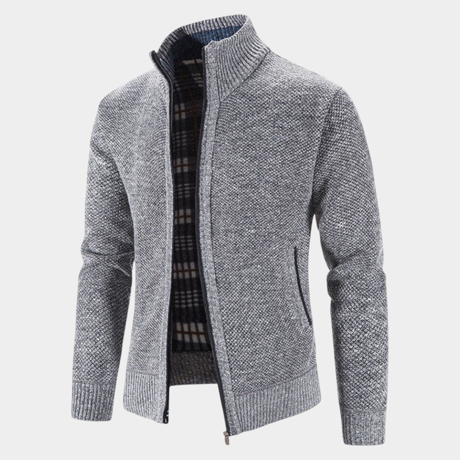 Elias – Men’s Zip - Up Cardigan with Stand - Up Collar - Sweater - Light Grey - Jones & Smith