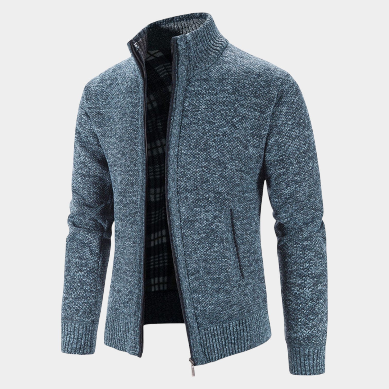Elias – Men’s Zip - Up Cardigan with Stand - Up Collar - Sweater - Blue - Jones & Smith