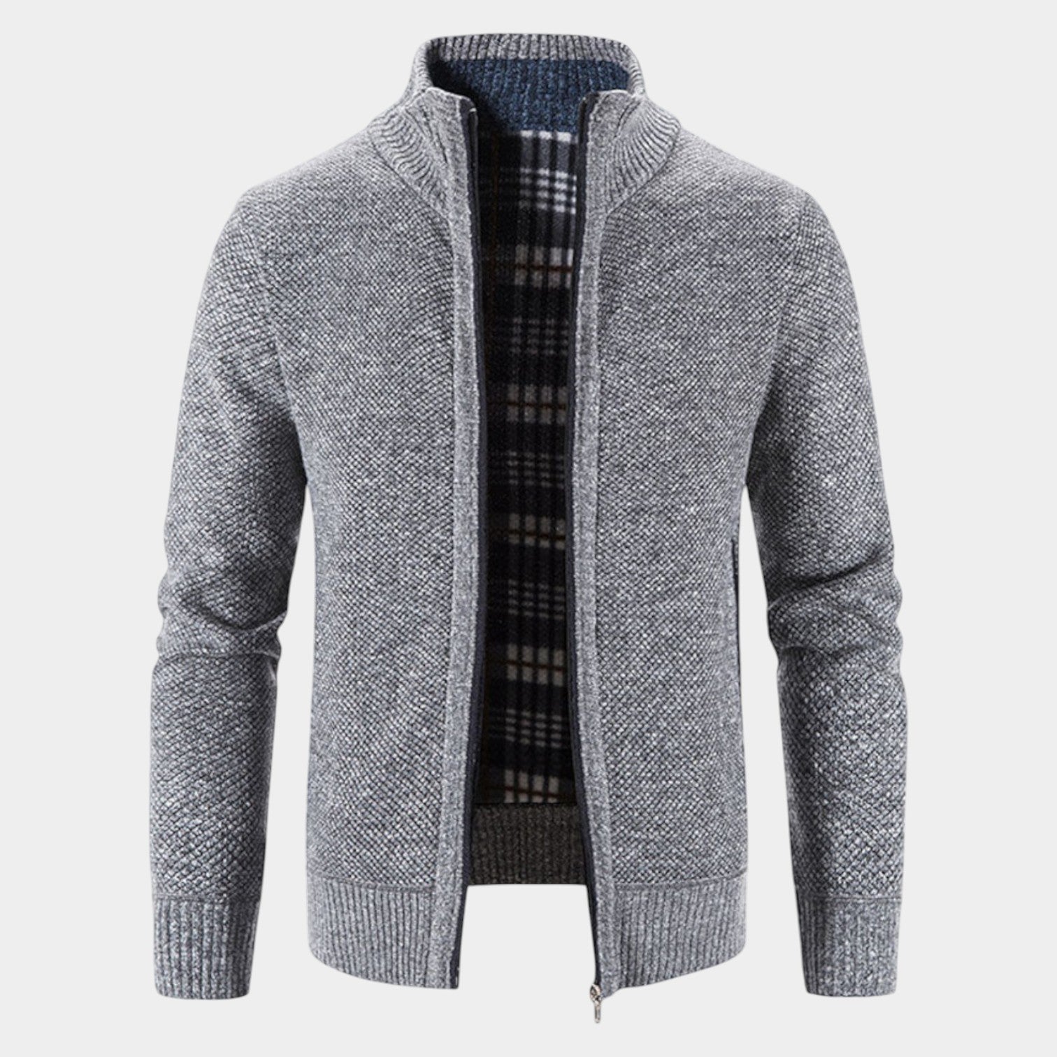 Elias – Men’s Zip - Up Cardigan with Stand - Up Collar - Sweater - Light Grey - Jones & Smith