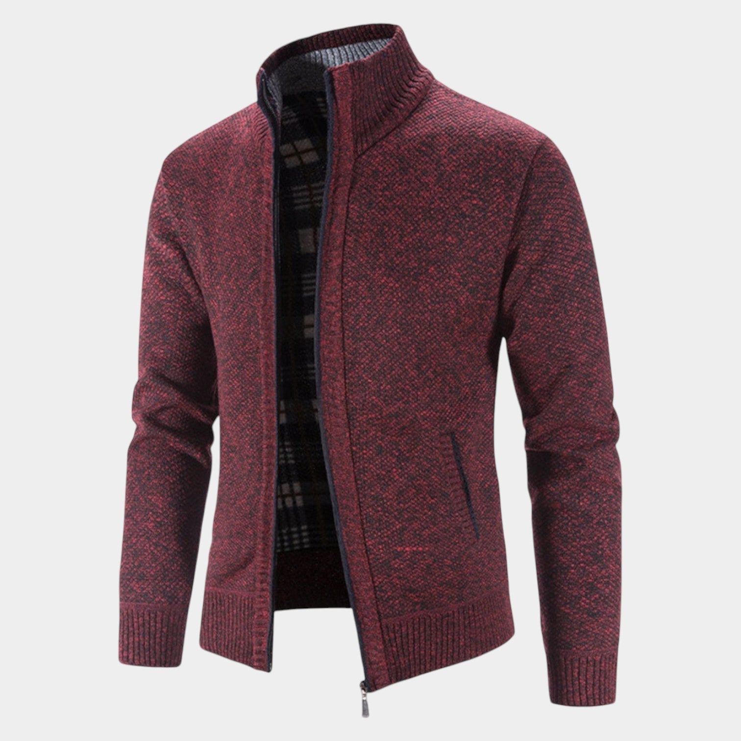 Elias – Men’s Zip - Up Cardigan with Stand - Up Collar - Sweater - Red - Jones & Smith