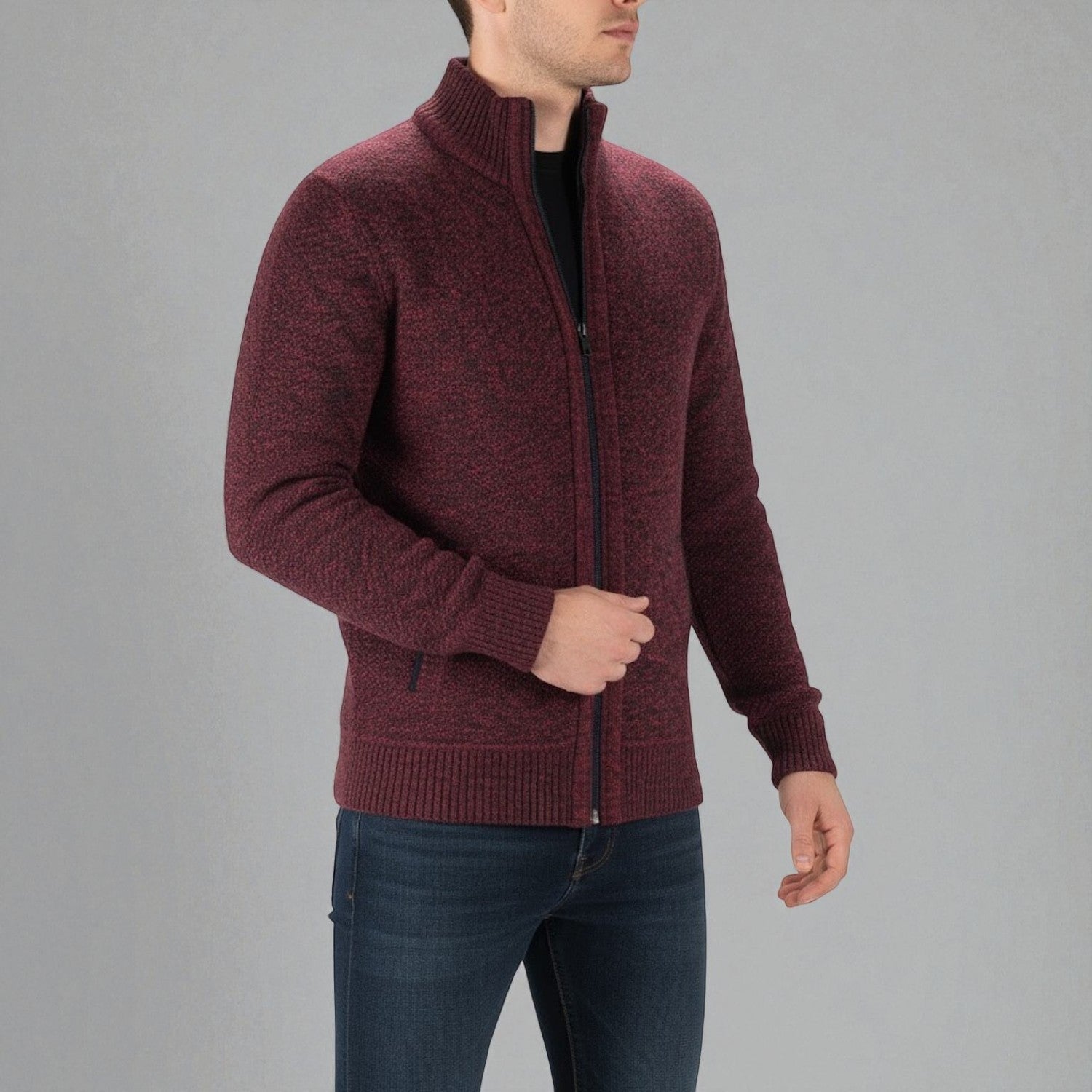 Elias – Men’s Zip - Up Cardigan with Stand - Up Collar - Sweater - Red - Jones & Smith
