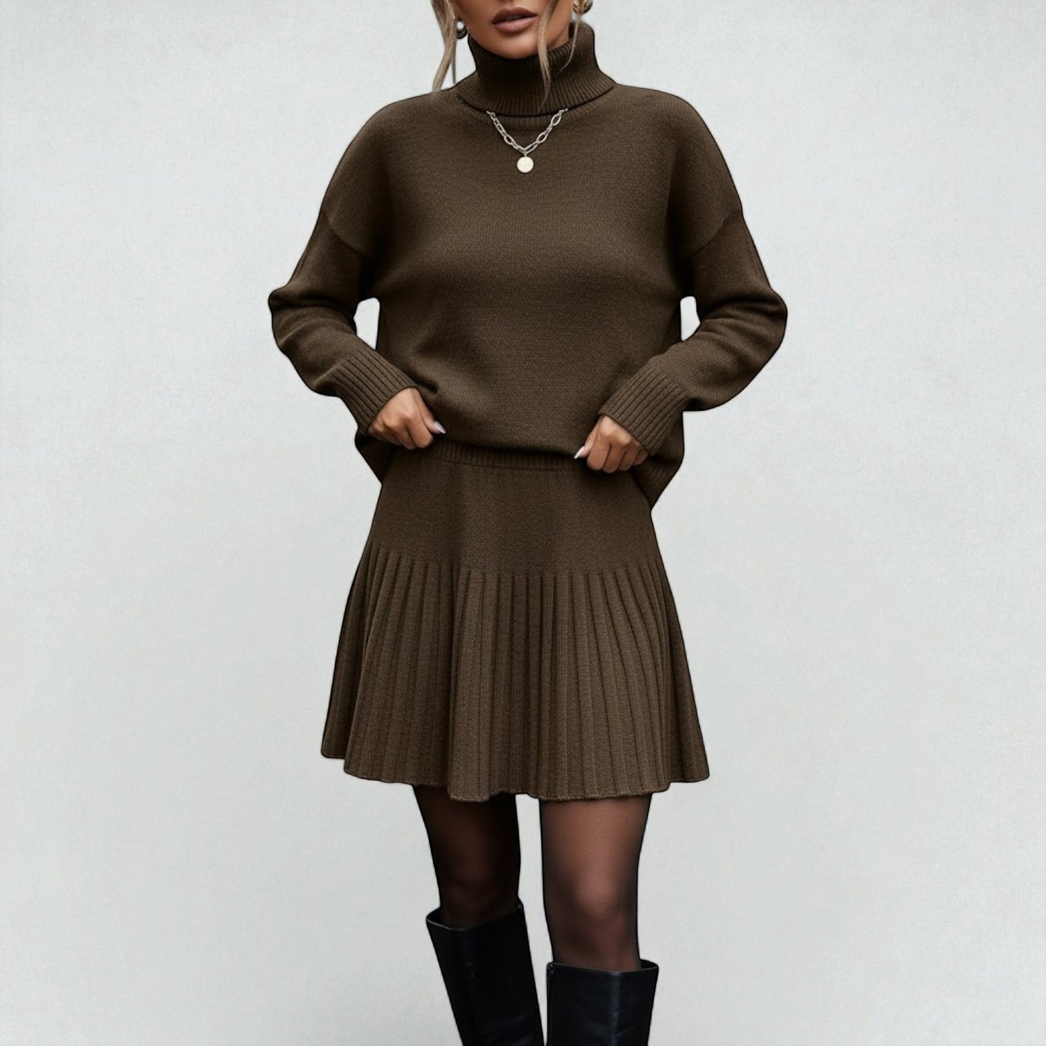 Elira – Women's Wool Winter Knit Set with Roll Neck - 2 - Piece Sets - Dark Brown - Jones & Smith