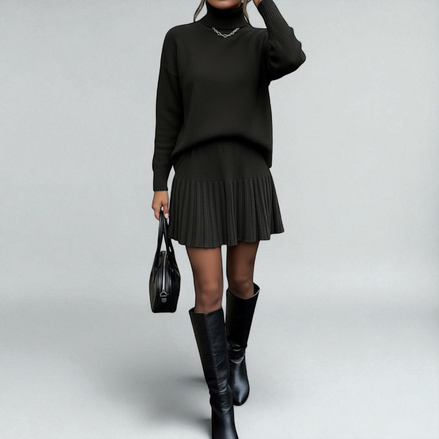 Elira – Women's Wool Winter Knit Set with Roll Neck - 2 - Piece Sets - Black - Jones & Smith