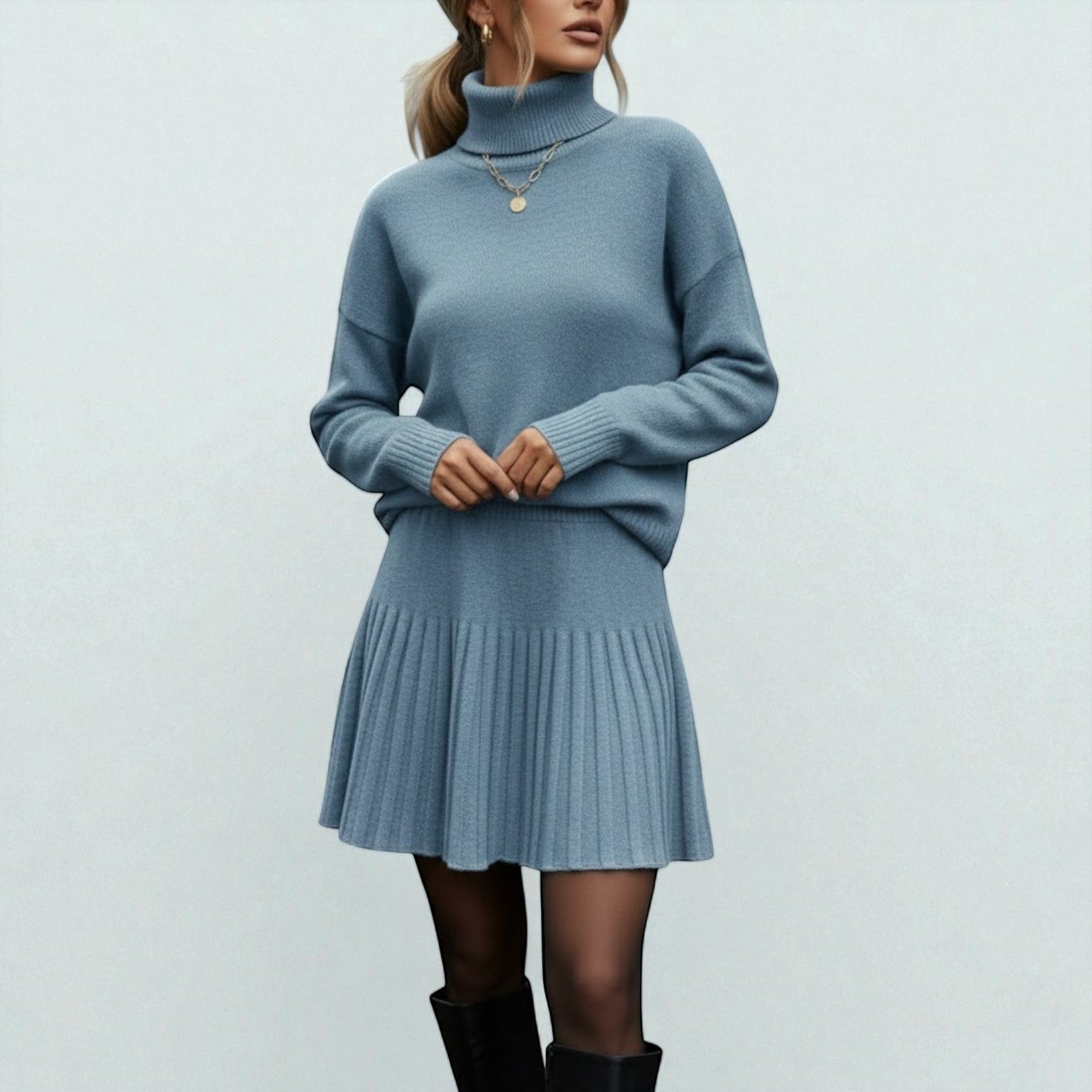 Elira – Women's Wool Winter Knit Set with Roll Neck - 2 - Piece Sets - Light Blue - Jones & Smith