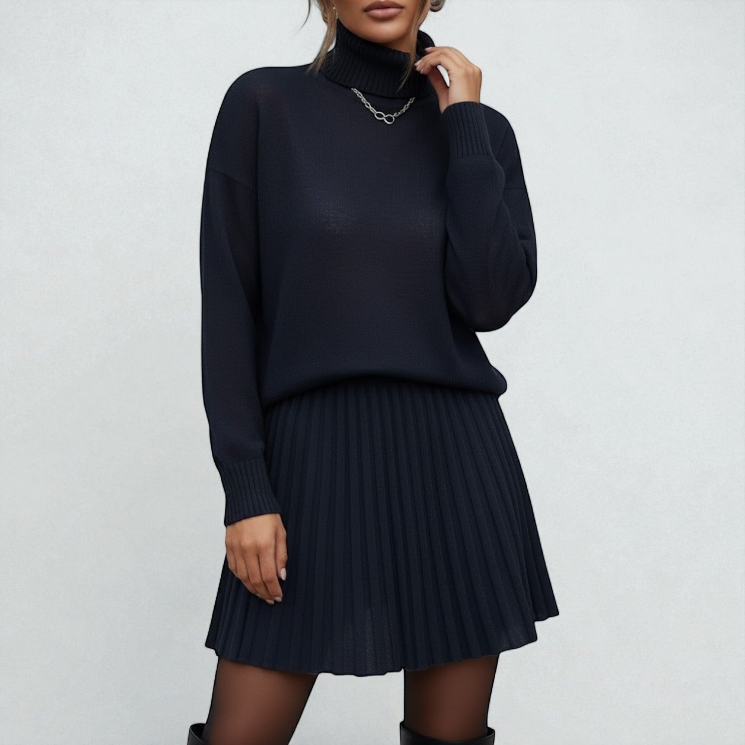 Elira – Women's Wool Winter Knit Set with Roll Neck - 2 - Piece Sets - Navy Blue - Jones & Smith