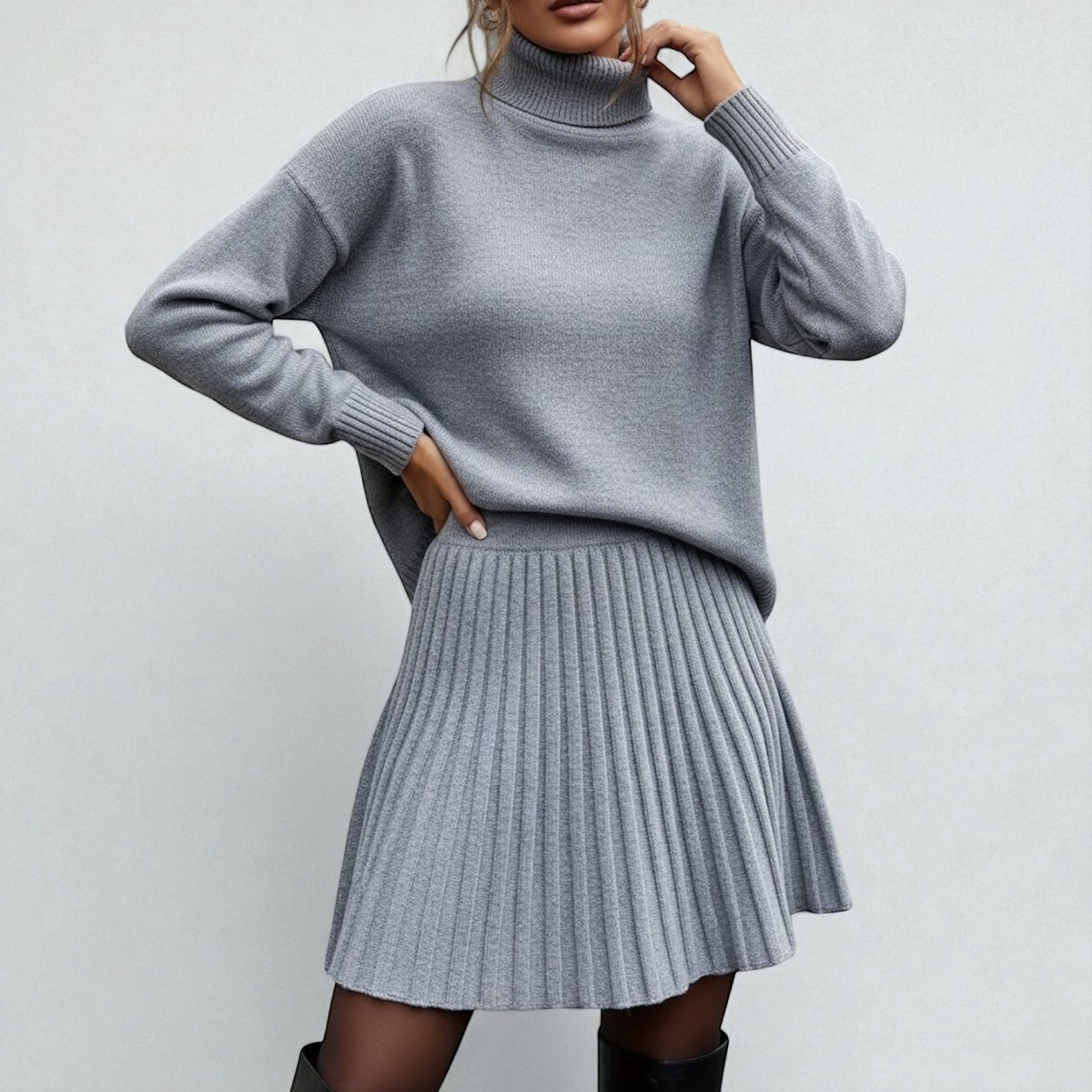 Elira – Women's Wool Winter Knit Set with Roll Neck - 2 - Piece Sets - Grey - Jones & Smith