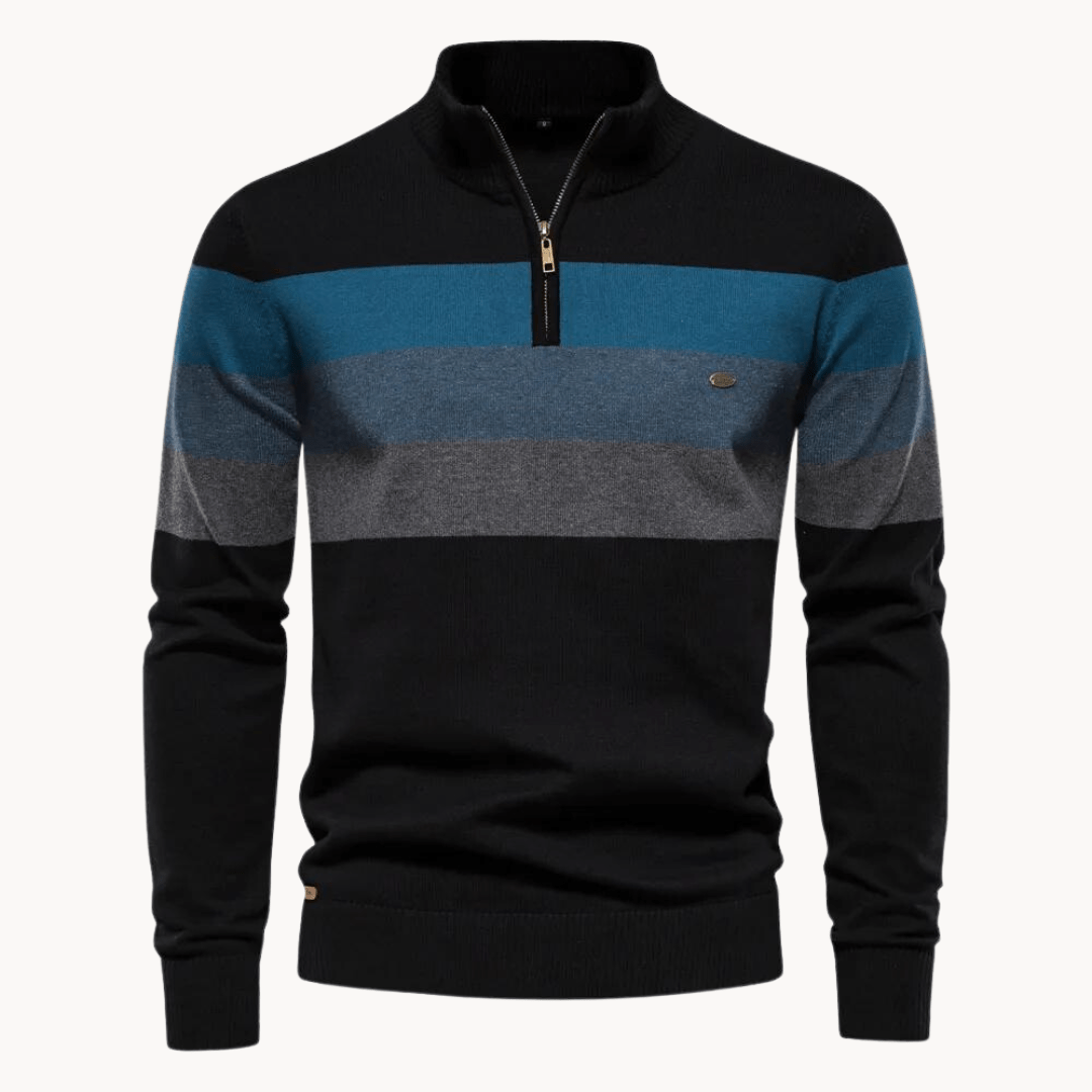 Fabian – Striped Knit Jumper with Quarter Zip - Sweater - Black - Jones & Smith