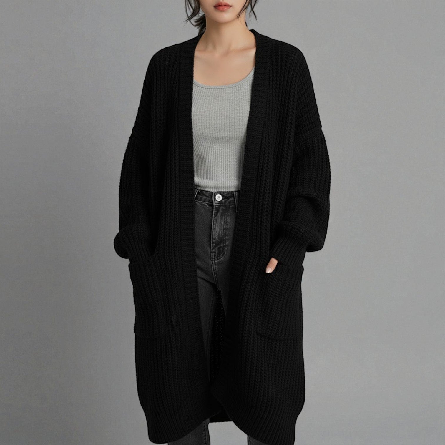 Freja – Women's Wool Winter Cardigan Long with Pockets - Cardigans - Black - Jones & Smith