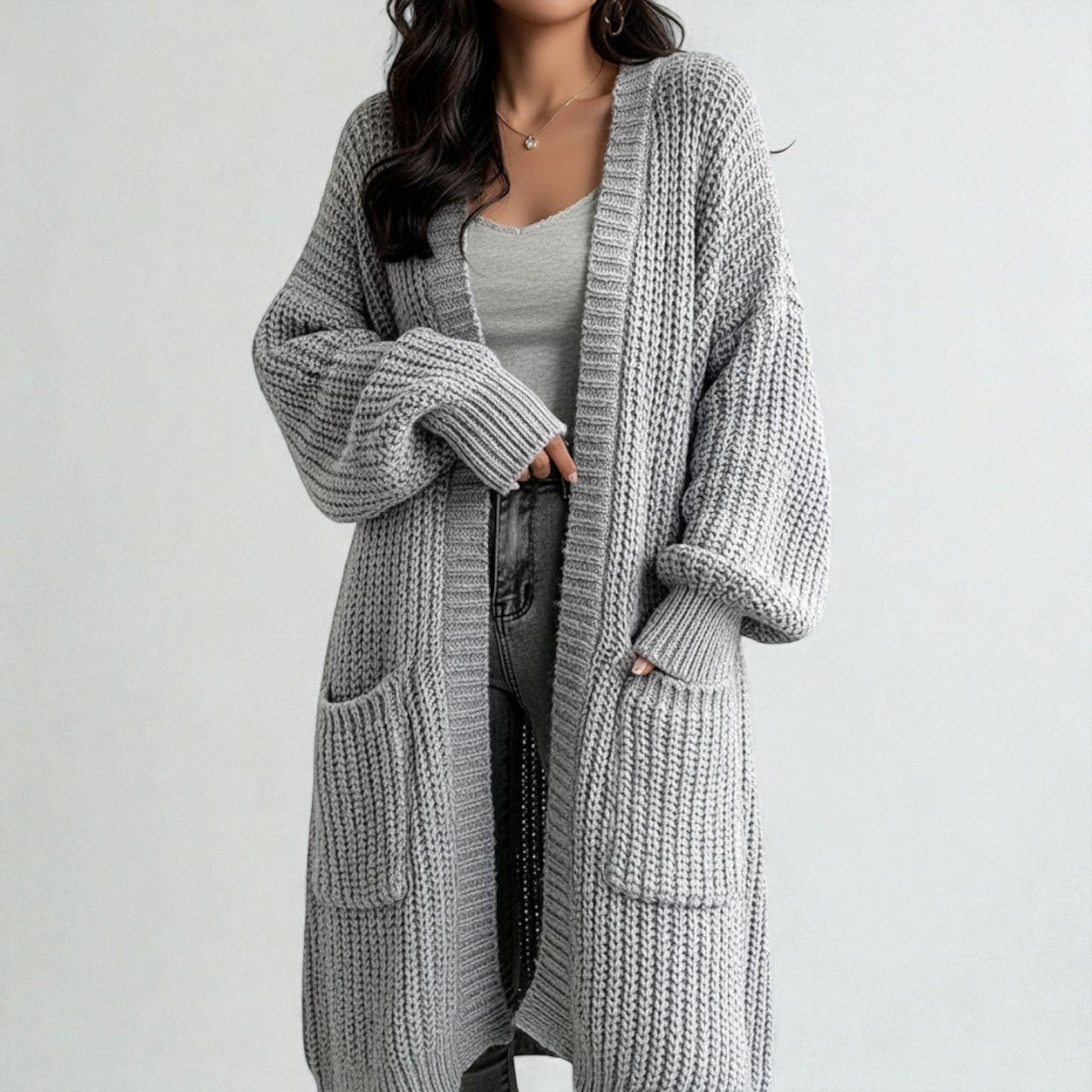 Freja – Women's Wool Winter Cardigan Long with Pockets - Cardigans - Grey - Jones & Smith