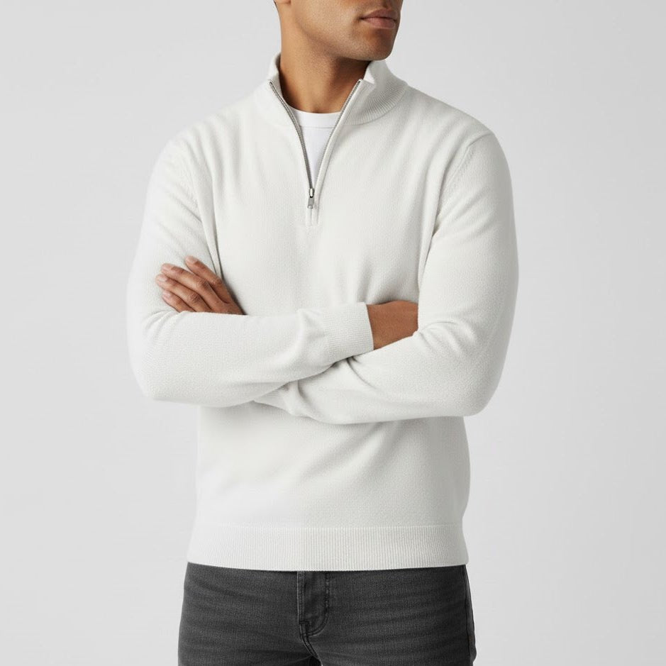Godric – Men's Knit Jumper with Half Zip - Sweater - White - Jones & Smith