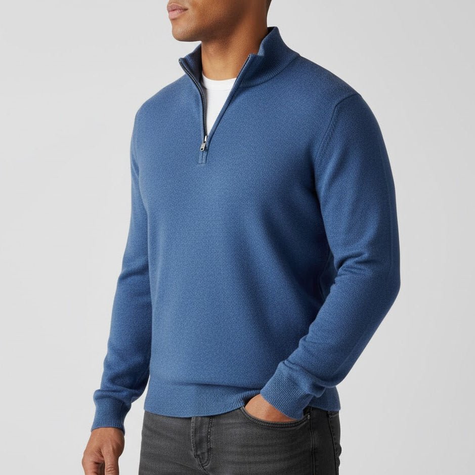 Godric – Men's Knit Jumper with Half Zip - Sweater - Blue - Jones & Smith