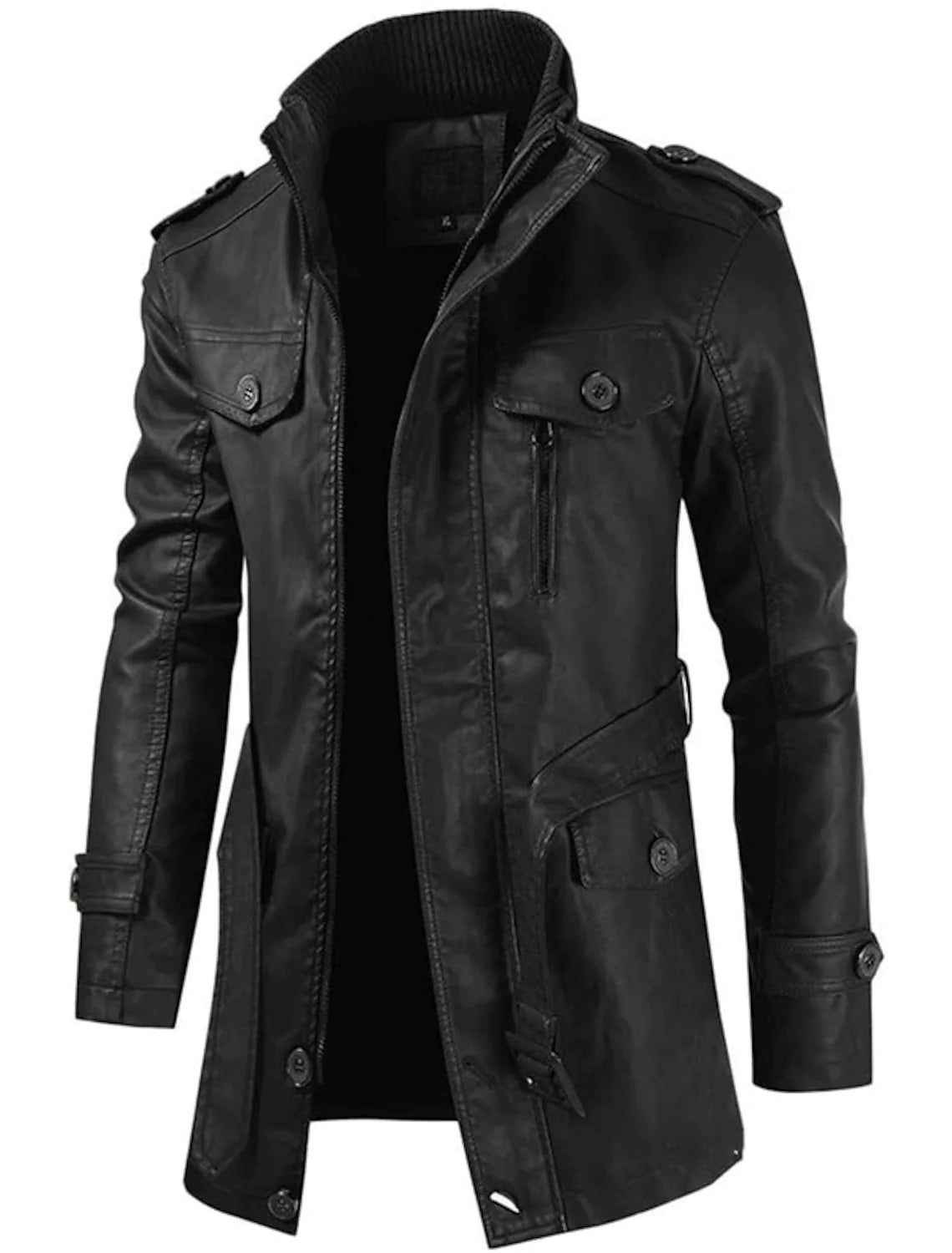 Hubert - Long Leather Jacket with Zip and Practical Pockets