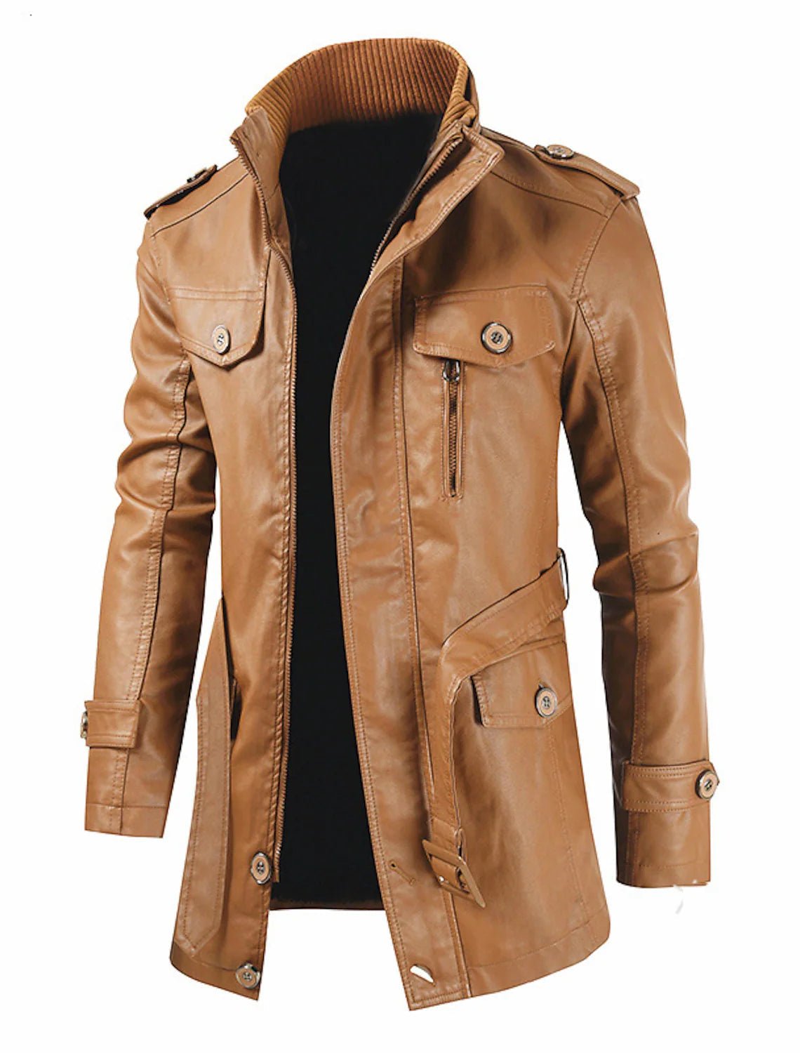 Hubert - Long Leather Jacket with Zip and Practical Pockets