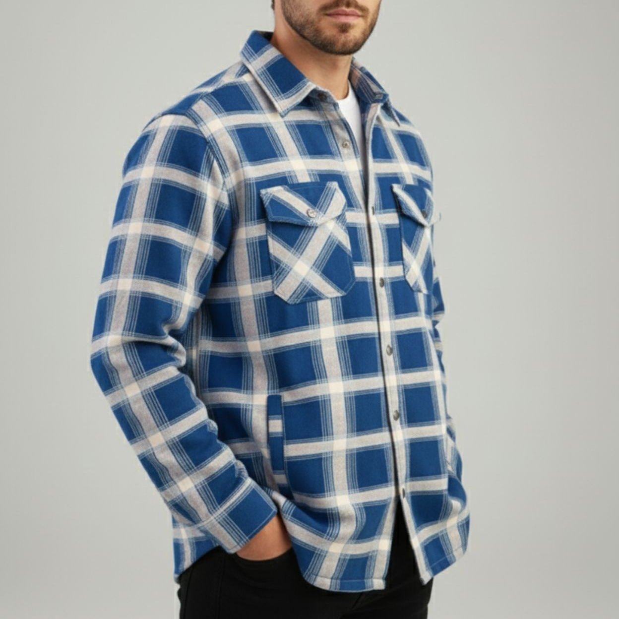 Ilias – Men's Cotton Overshirt - Flannel - Blue - Jones & Smith