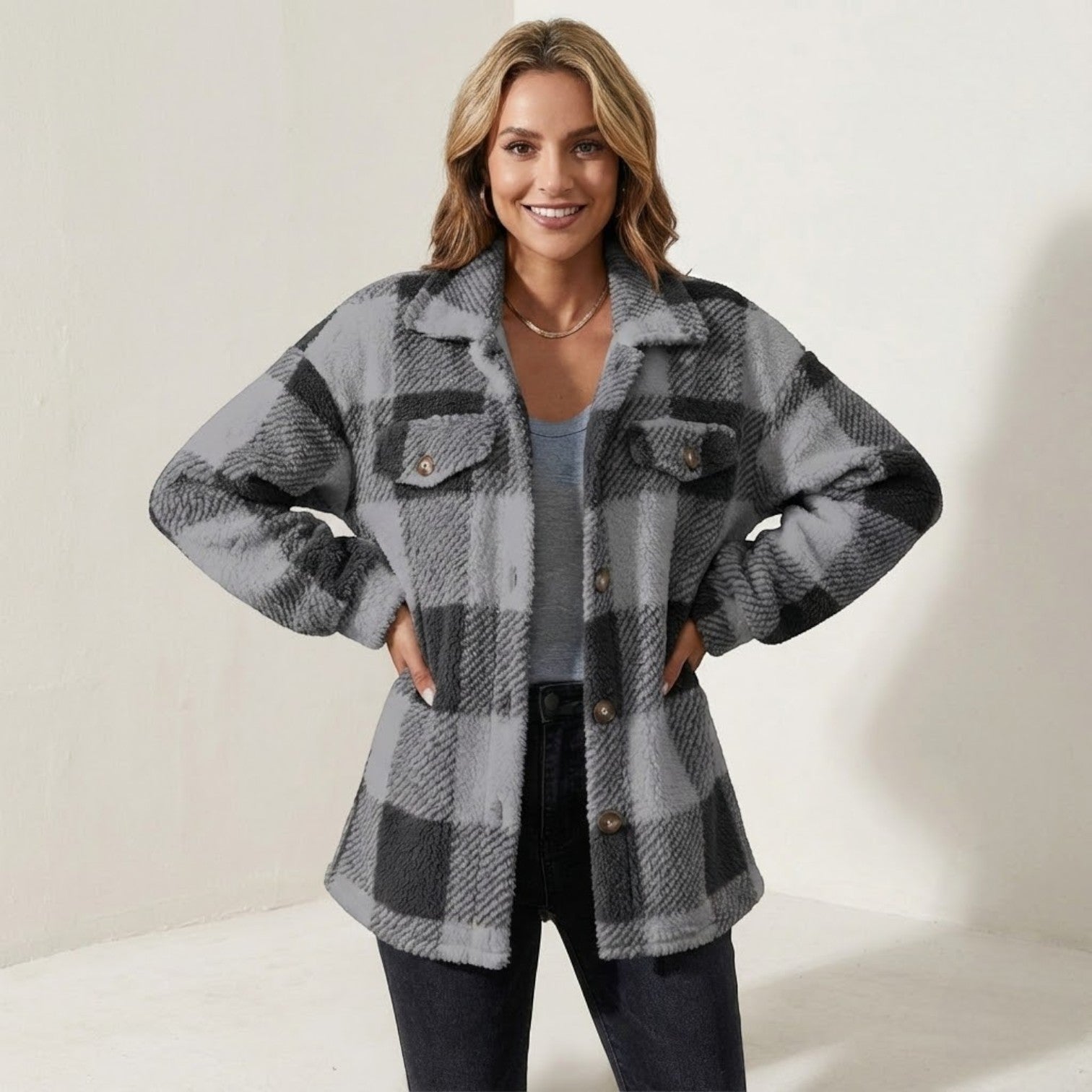 Isalie – Women's Check Jacket - Cardigans - Dark grey - Jones & Smith