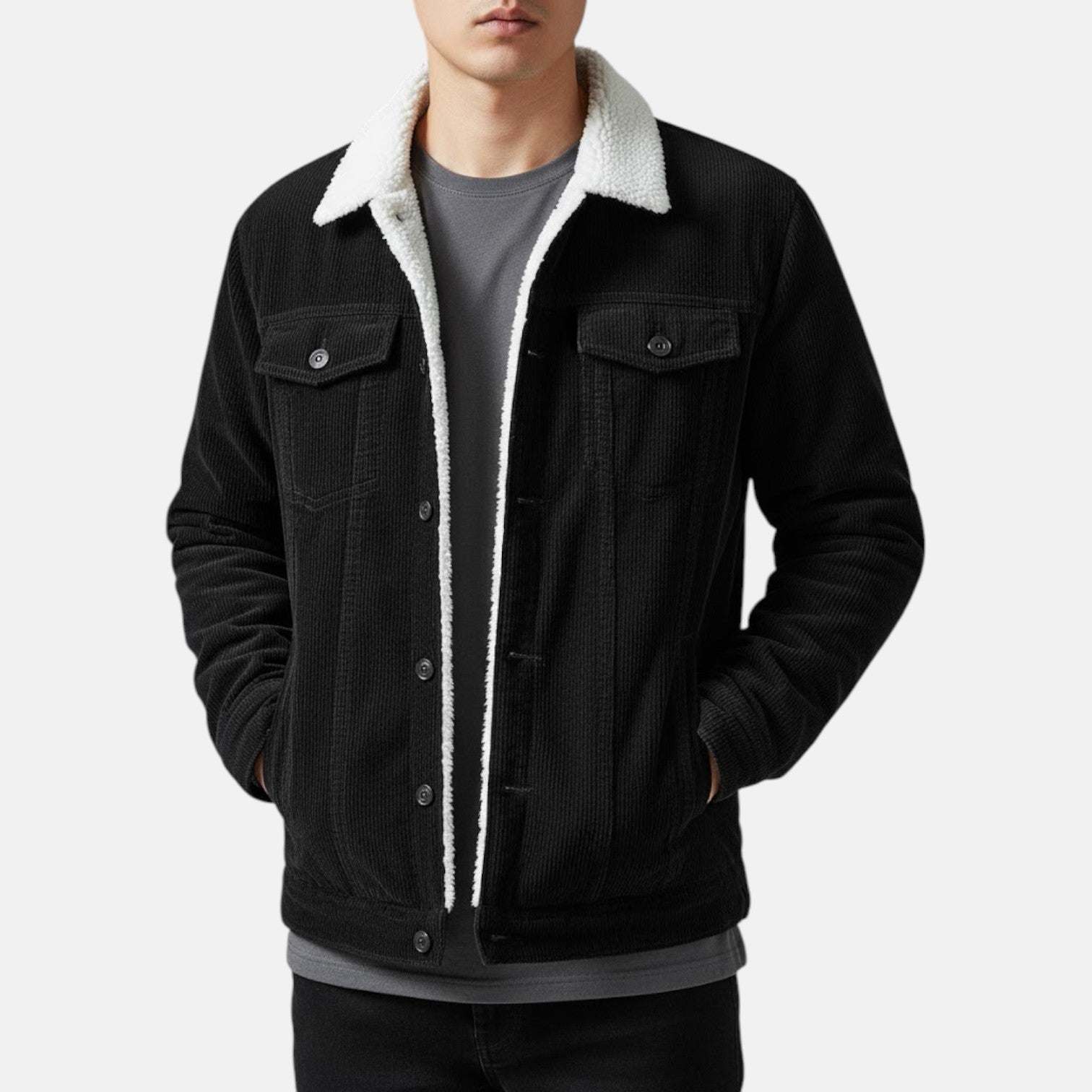 Jaro – Men's Cord Jacket in Cotton with Teddy Lining - Corduroy jacket - Black - Jones & Smith