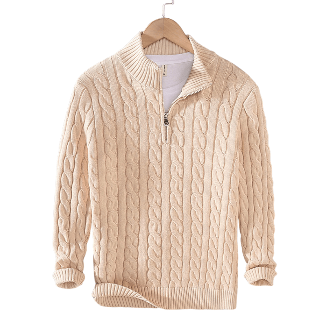 Jonas – Knitted Jumper with Half Zip and High Collar - Sweater - Beige - Jones & Smith