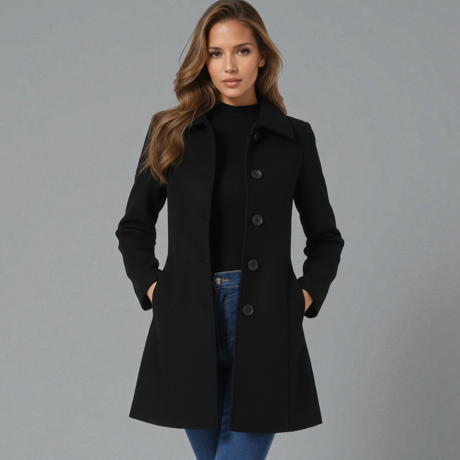 Josephine – Women's Wool Coat with Button Placket - Jacket - Black - Jones & Smith