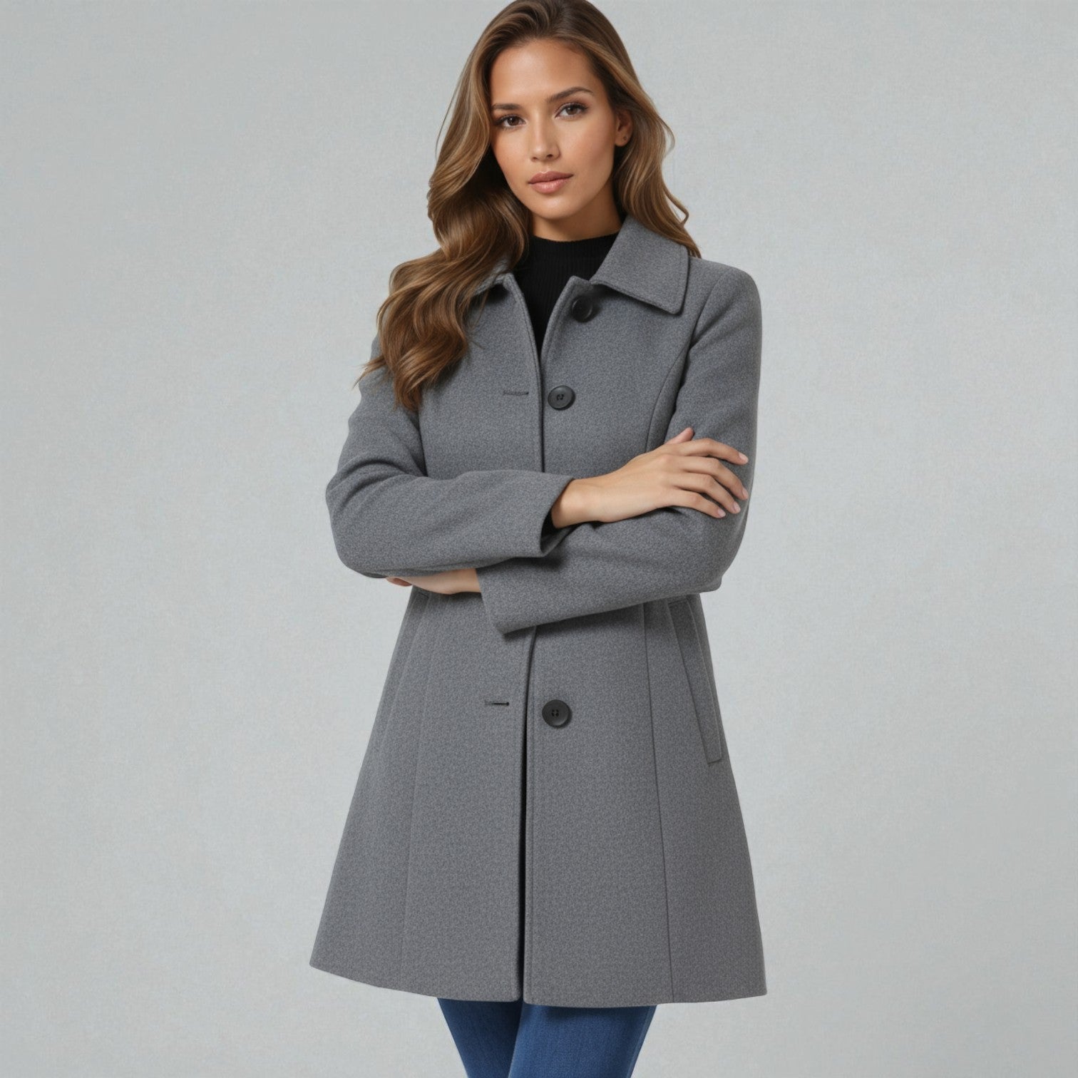 Josephine – Women's Wool Coat with Button Placket - Jacket - Grey - Jones & Smith