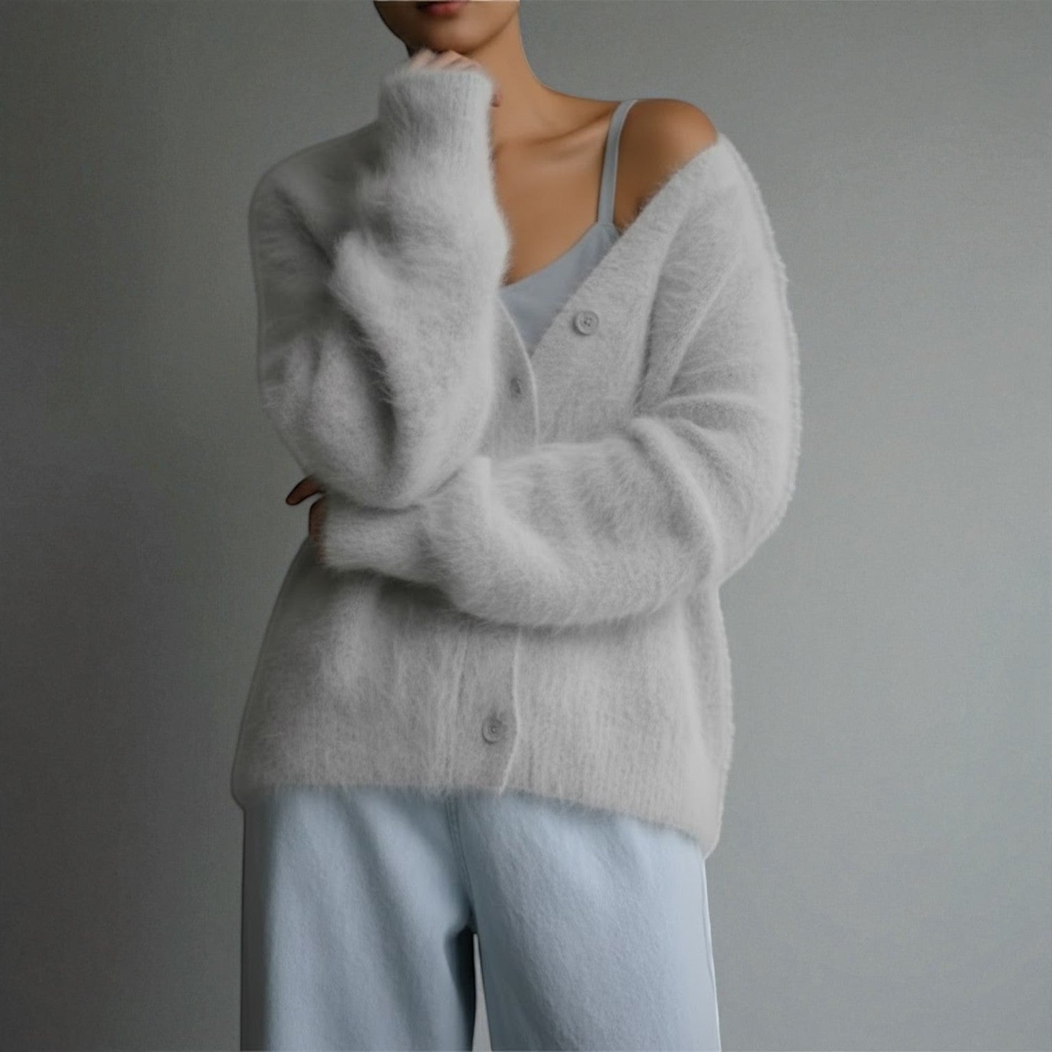 Karlyn – Women's Knitted Jumper with V - Neck - Cardigans - Grey - Jones & Smith