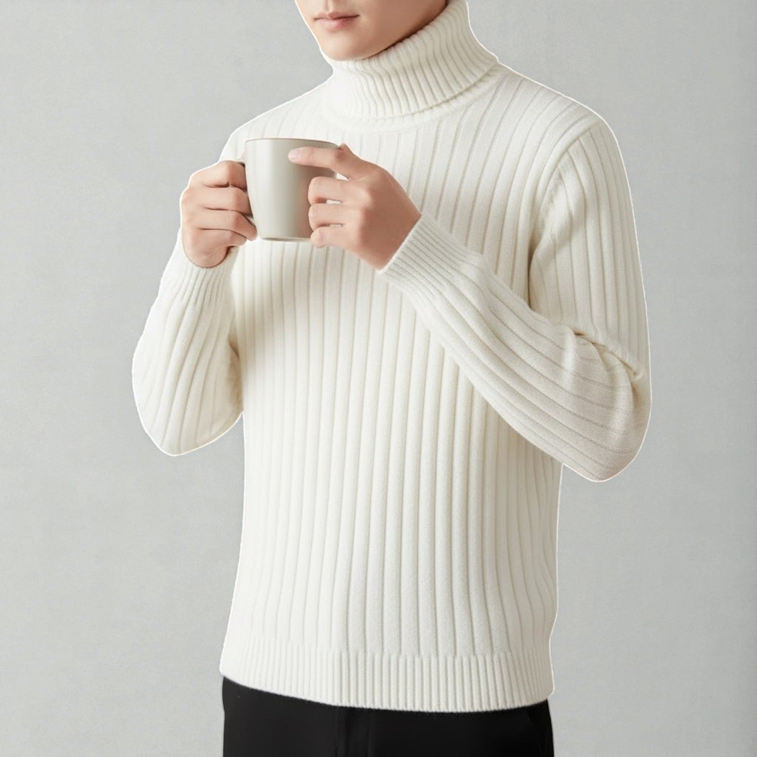 Lennart – Men's Cotton Roll Neck Jumper - Sweater - White - Jones & Smith