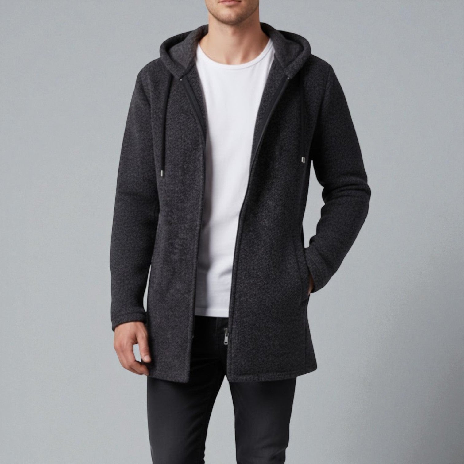 Leon – Longline Hoodie Men Fleece with Hood - Hooded Jacket - Grey - Jones & Smith