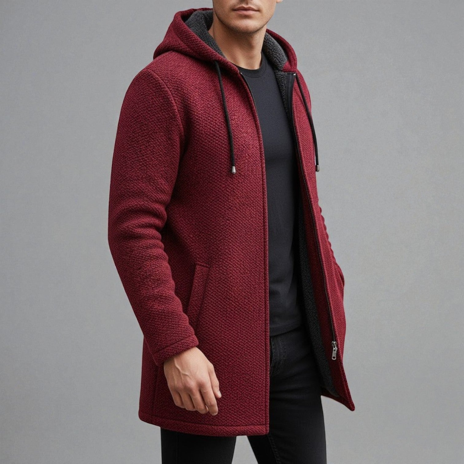 Leon – Longline Hoodie Men Fleece with Hood - Hooded Jacket - Red - Jones & Smith