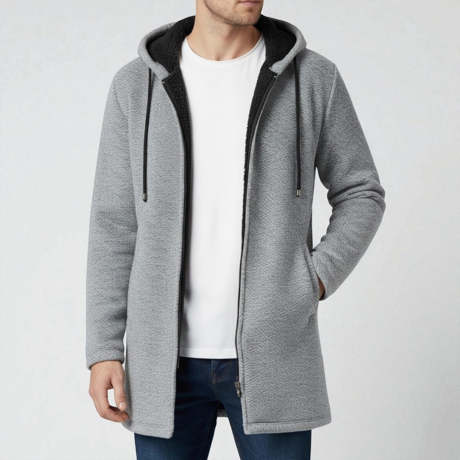 Leon – Longline Hoodie Men Fleece with Hood - Hooded Jacket - Light Grey - Jones & Smith