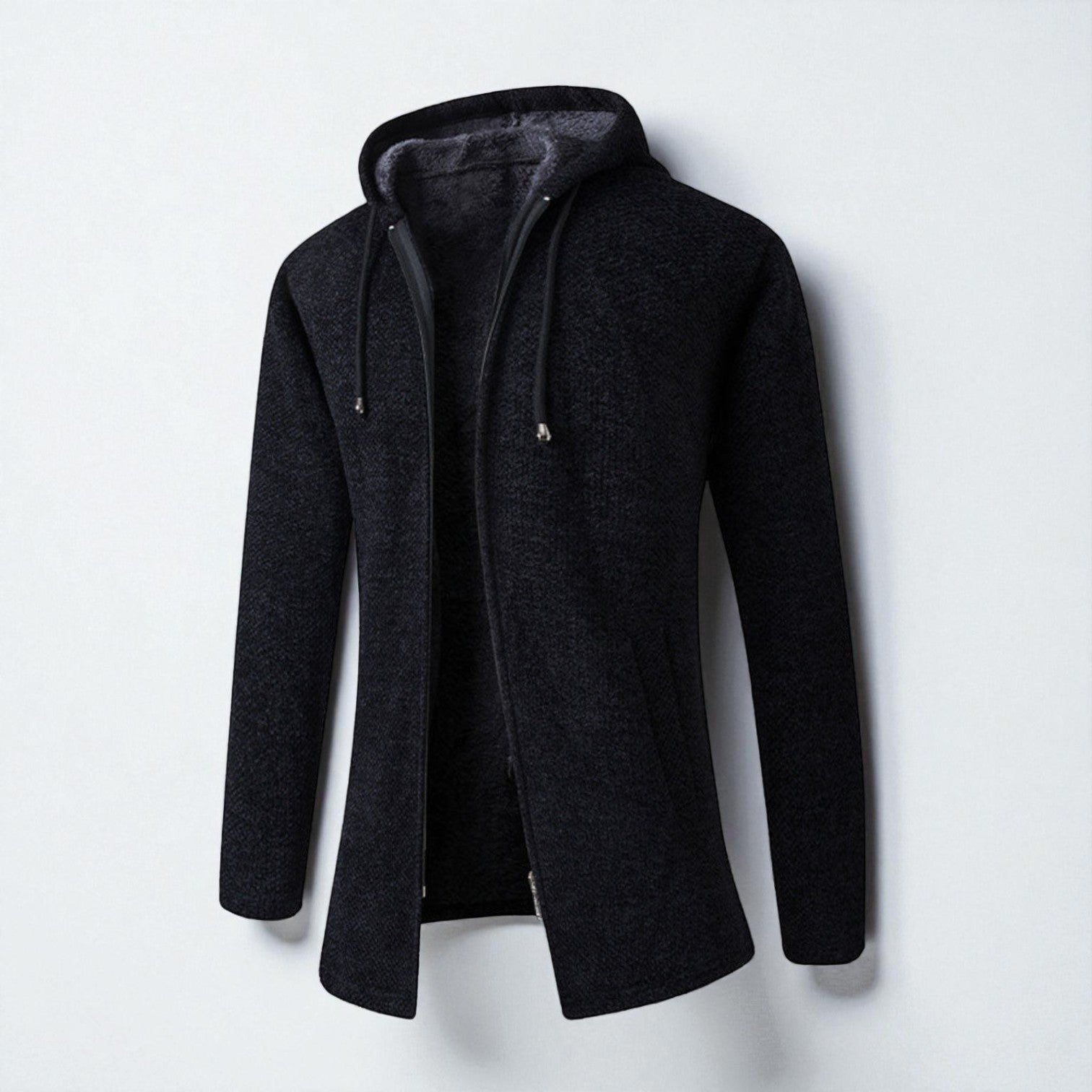 Leon – Longline Hoodie Men Fleece with Hood - Hooded Jacket - Black - Jones & Smith