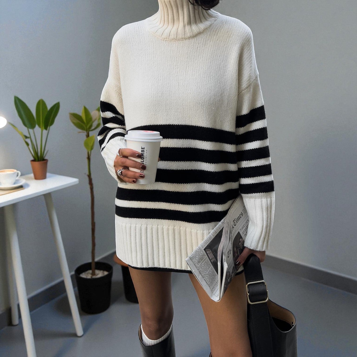 Lina – Women's Knitted Jumper with Stand - Up Collar & Stripes - Sweater - White - Jones & Smith