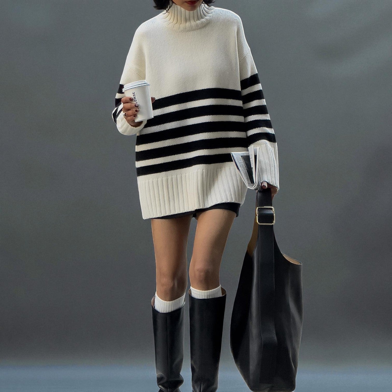 Lina – Women's Knitted Jumper with Stand - Up Collar & Stripes - Sweater - White - Jones & Smith