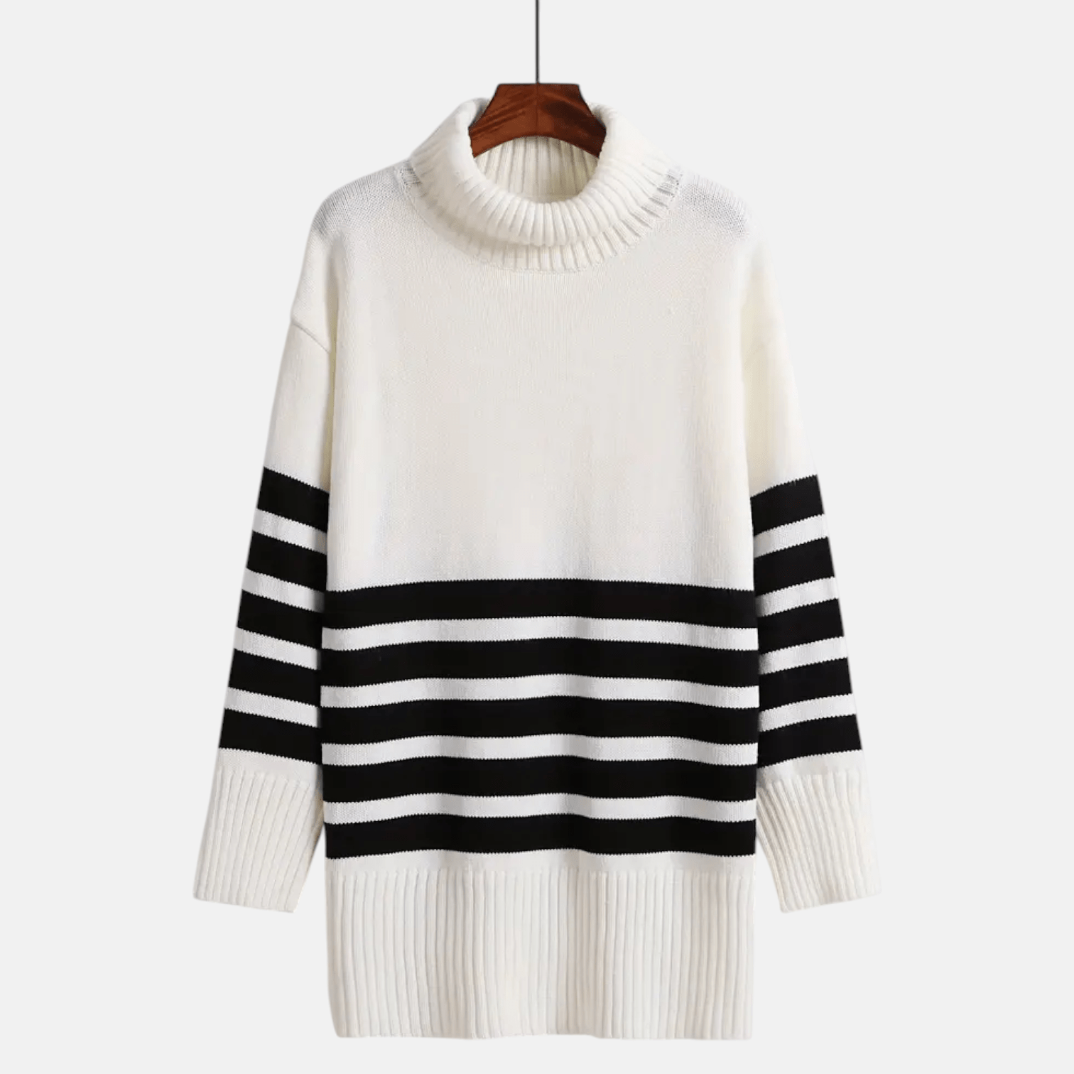 Lina – Women's Knitted Jumper with Stand - Up Collar & Stripes - Sweater - White - Jones & Smith