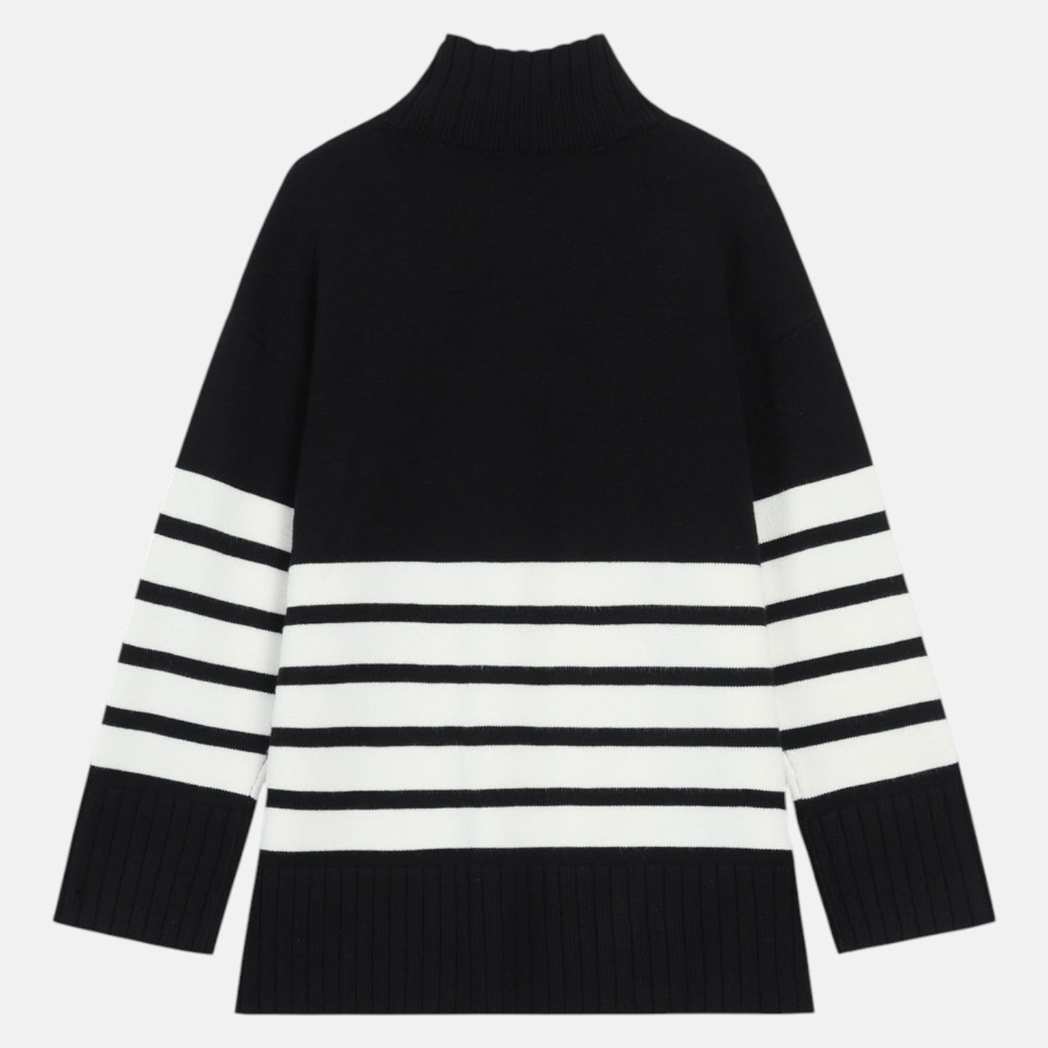 Lina – Women's Knitted Jumper with Stand - Up Collar & Stripes - Sweater - Black - Jones & Smith