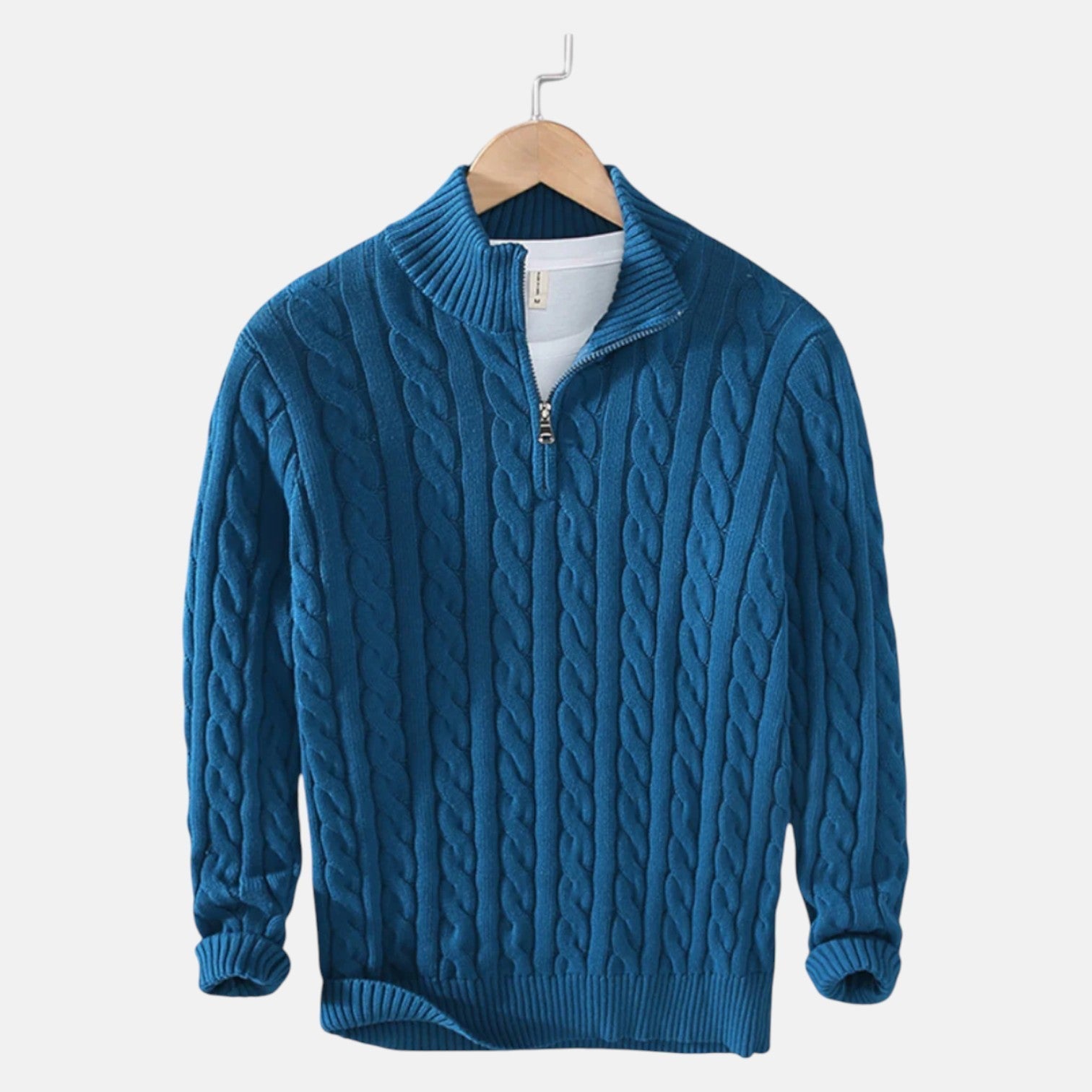 Lior – Men's Cotton Cable Knit Jumper with Zip - Sweater - Blue - Jones & Smith