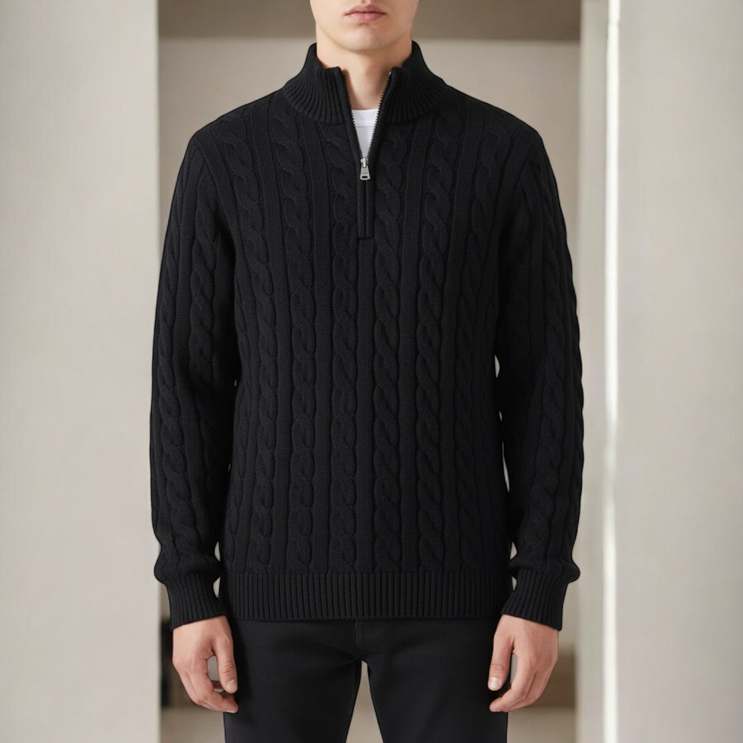 Lior – Men's Cotton Cable Knit Jumper with Zip - Sweater - Black - Jones & Smith